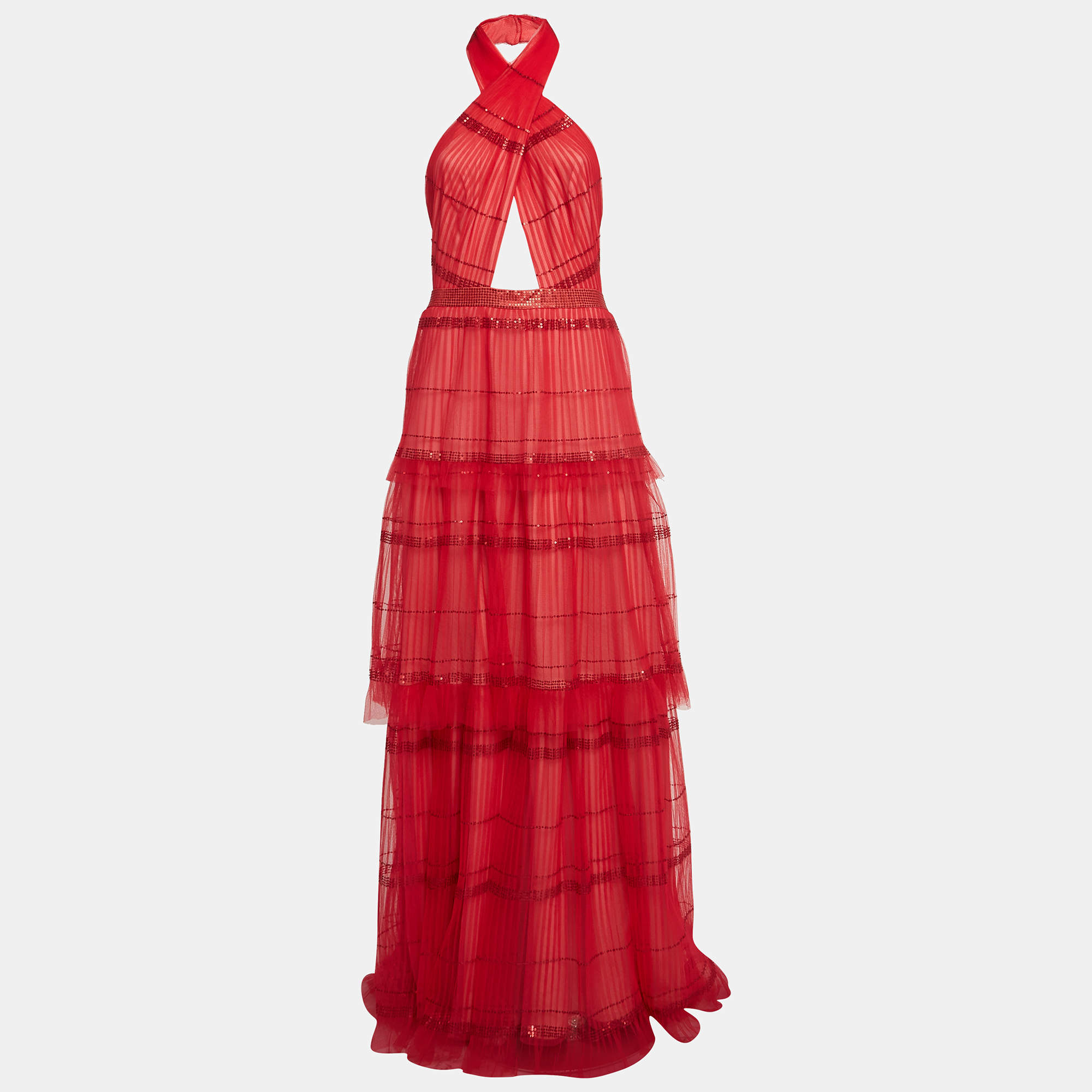 Tadashi Shoji Red Sequin Tulle Halter Neck Tiered Gown M