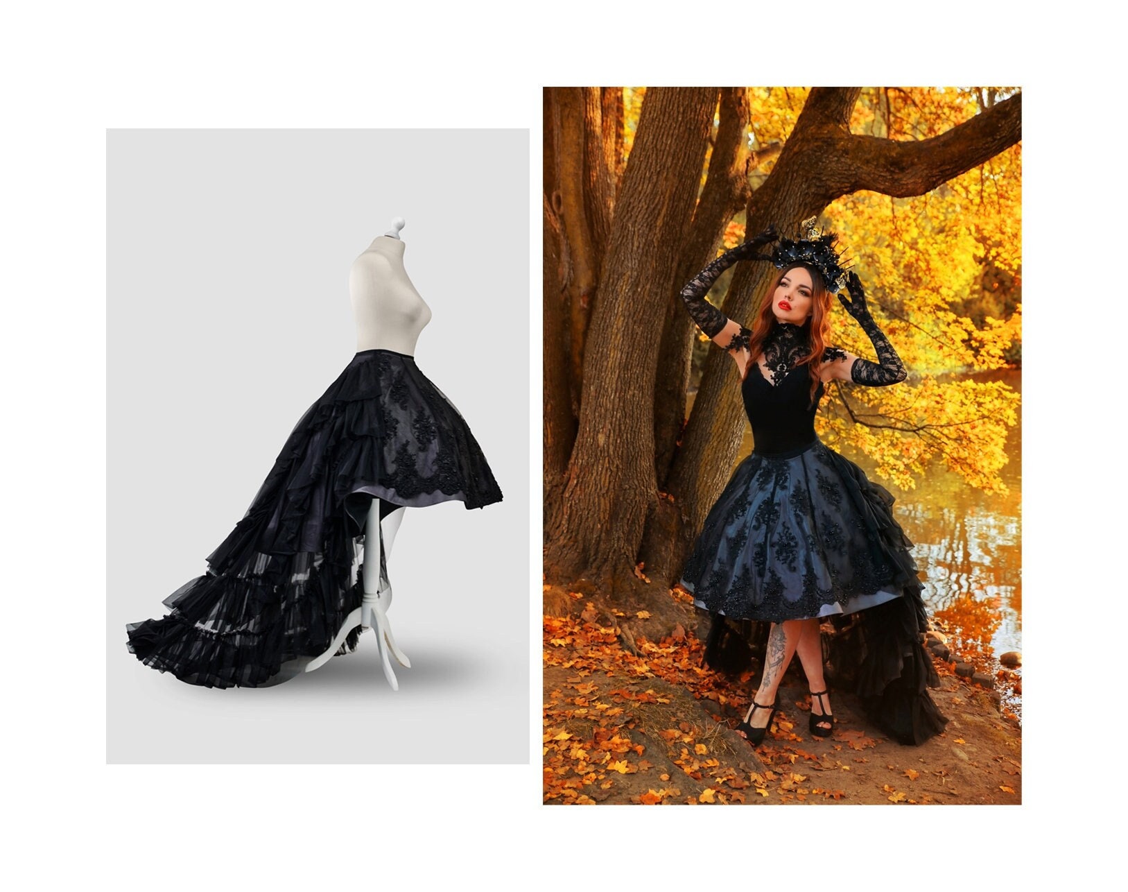 Taffeta, Gothic, Goth, Victorian Style, Asymmetrical, Train, Elegant, Petticoat Skirt, Tulle, Lace, Custom Color, Made To Order