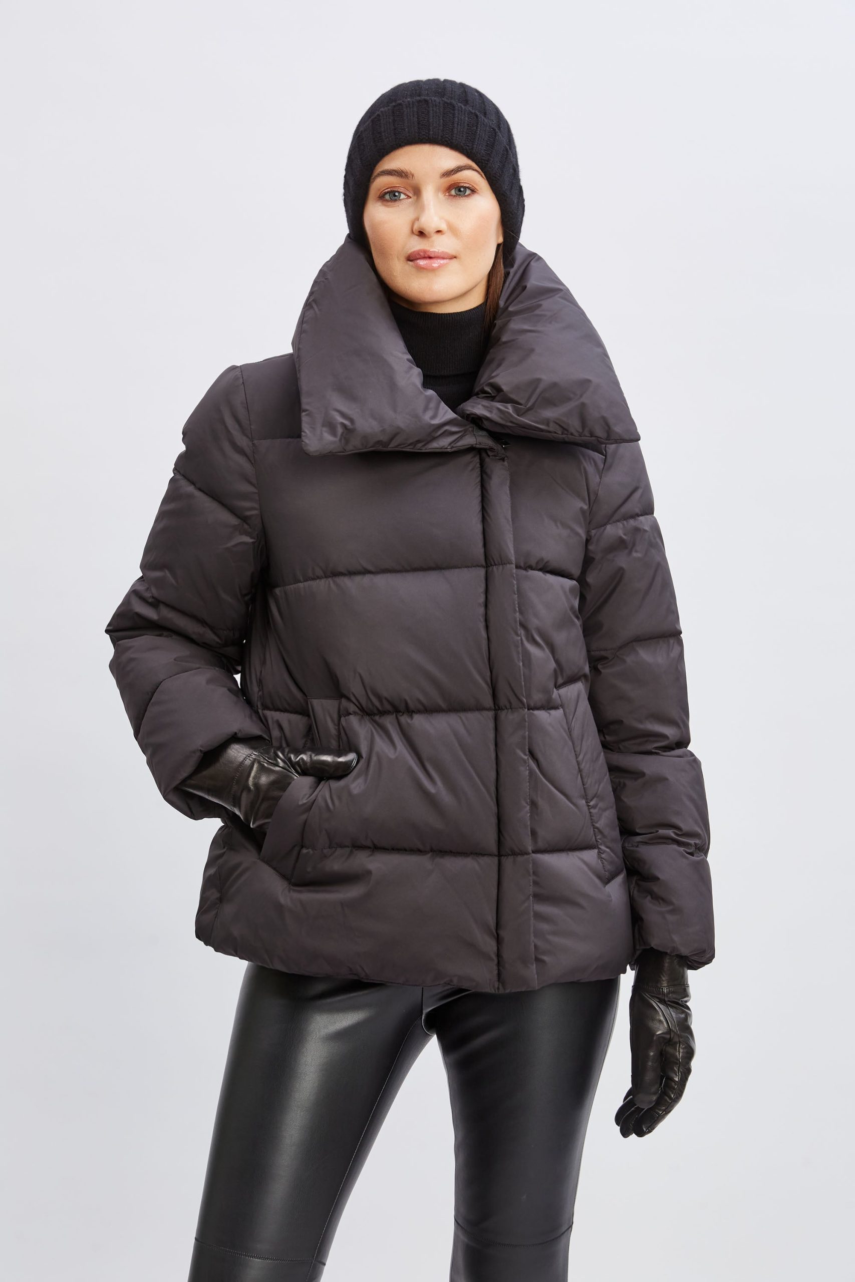 Tahari Asymmetric Short Puffer Coat