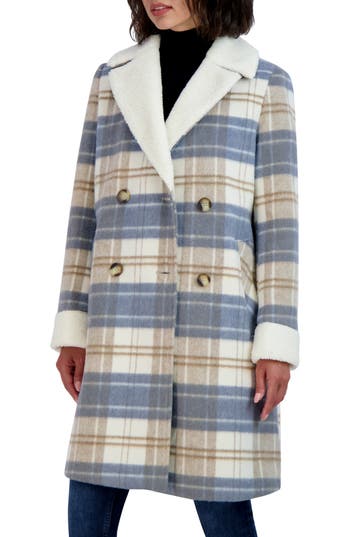 Tahari Rory Faux Shearling Double Breasted Plaid Coat in Blue Combo at Nordstrom Rack, Size X-Small