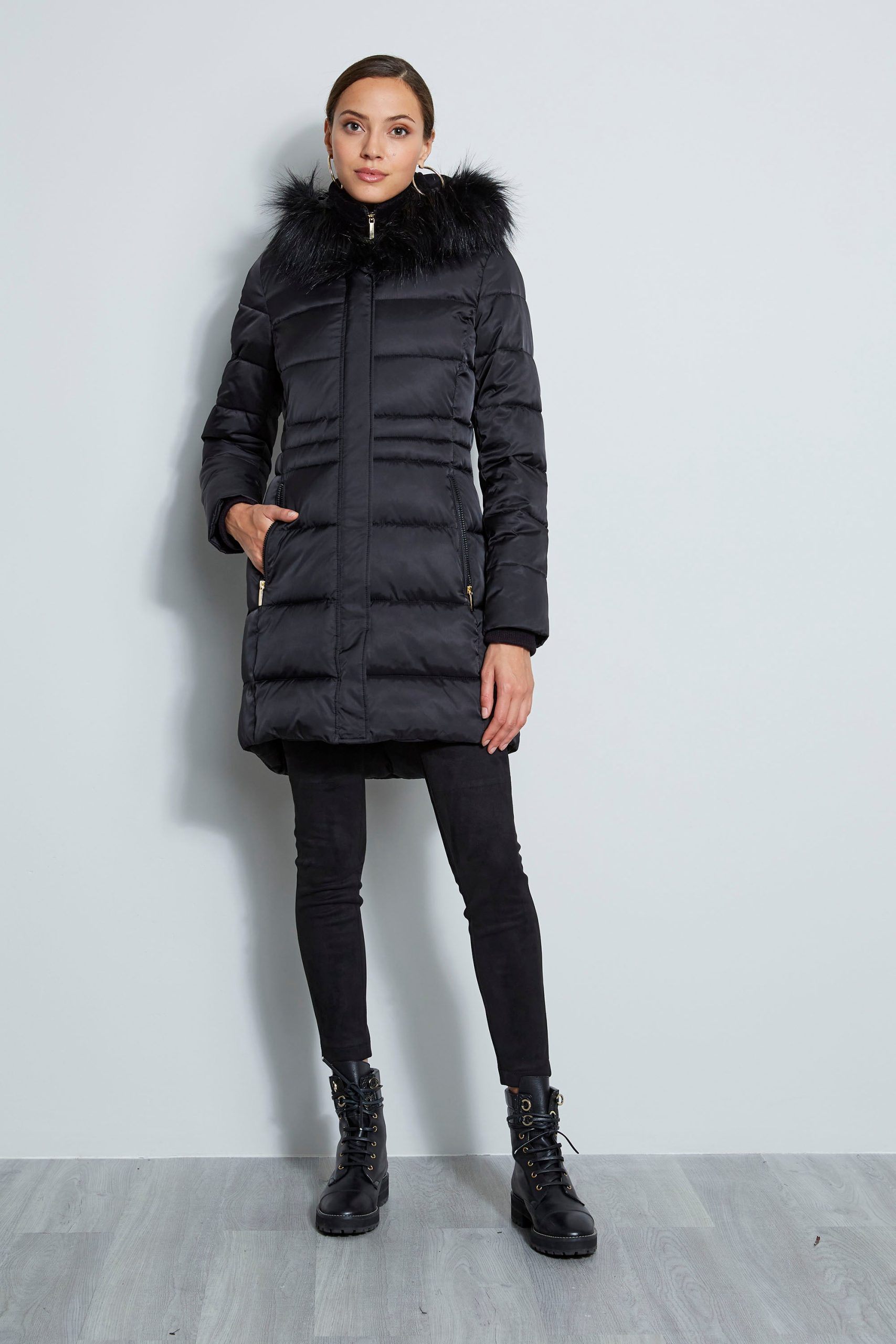 Tahari Stitched Faux Fur Hood Puffer Coat