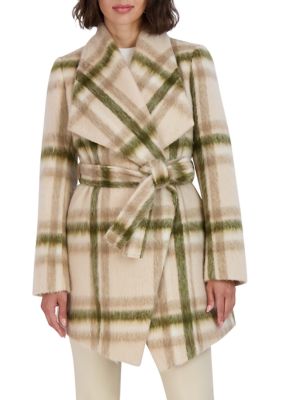 Tahari Women's Olivia Plaid Wool Wrap Coat, Beige, Small