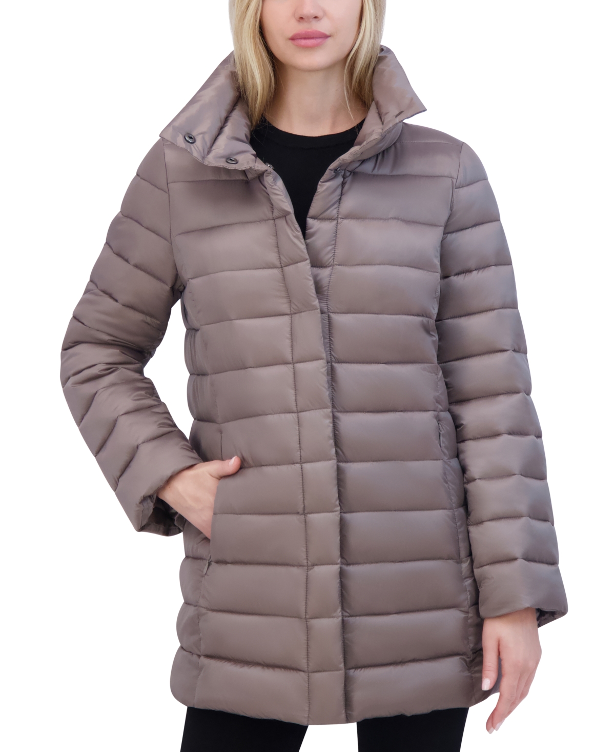 Tahari Women's Shine Collared Packable Puffer Coat - Pewter