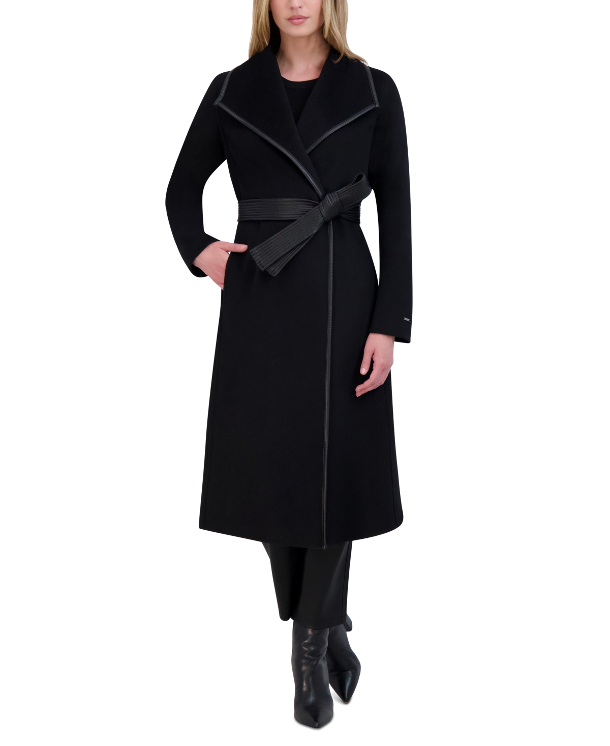 Tahari Womens Wool Blend Belted Wrap Coat - Black