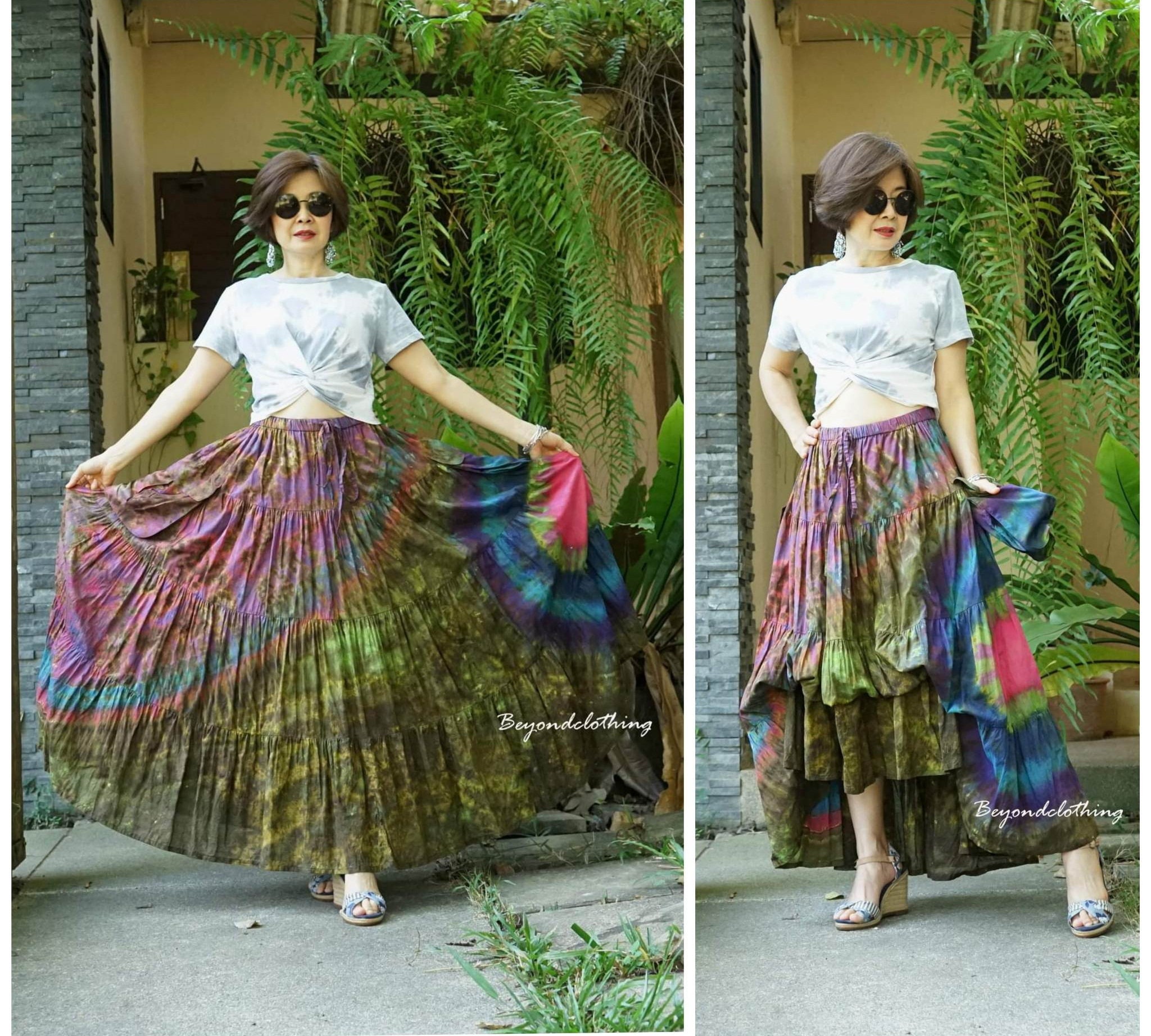 Take Me To Your Heart...short Front/ Long Back Tiered Tie Dye Boho Plus Size Rainbow Skirt Extravagant Festival Clothing Th1J