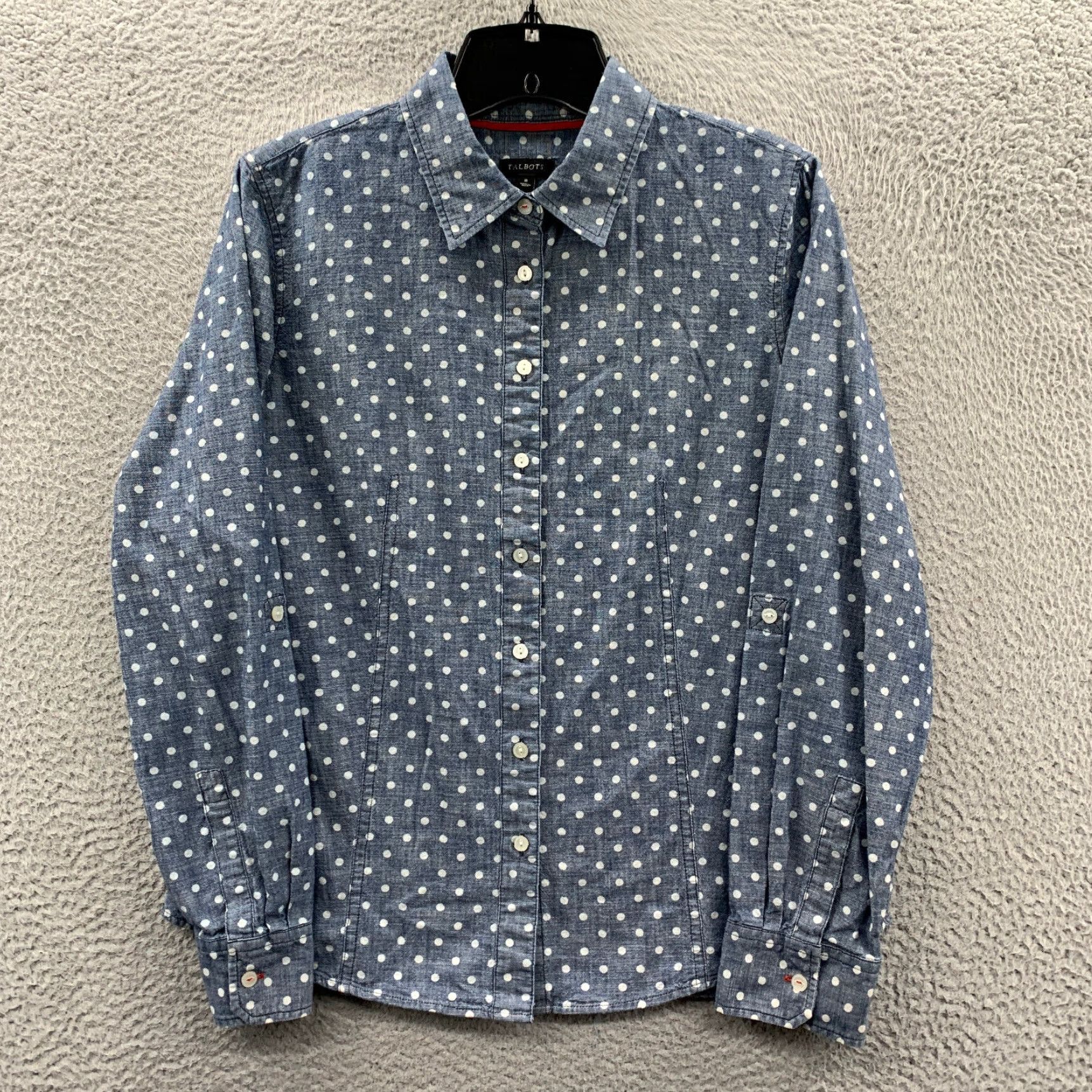 Talbots Elegant Polka Dot Patterned Blue Long Sleeve Button Up Blouse Top For Women Size 8 in White