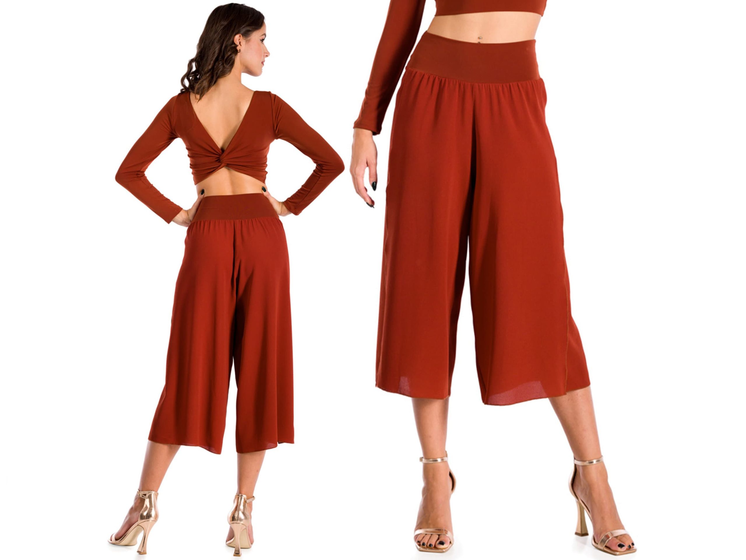 Tango Practice Pants, Brick Red Cropped Culottes, Airy Elastic Waist Milonga Dance Wrap Comfortable Short Loose Leg Pants