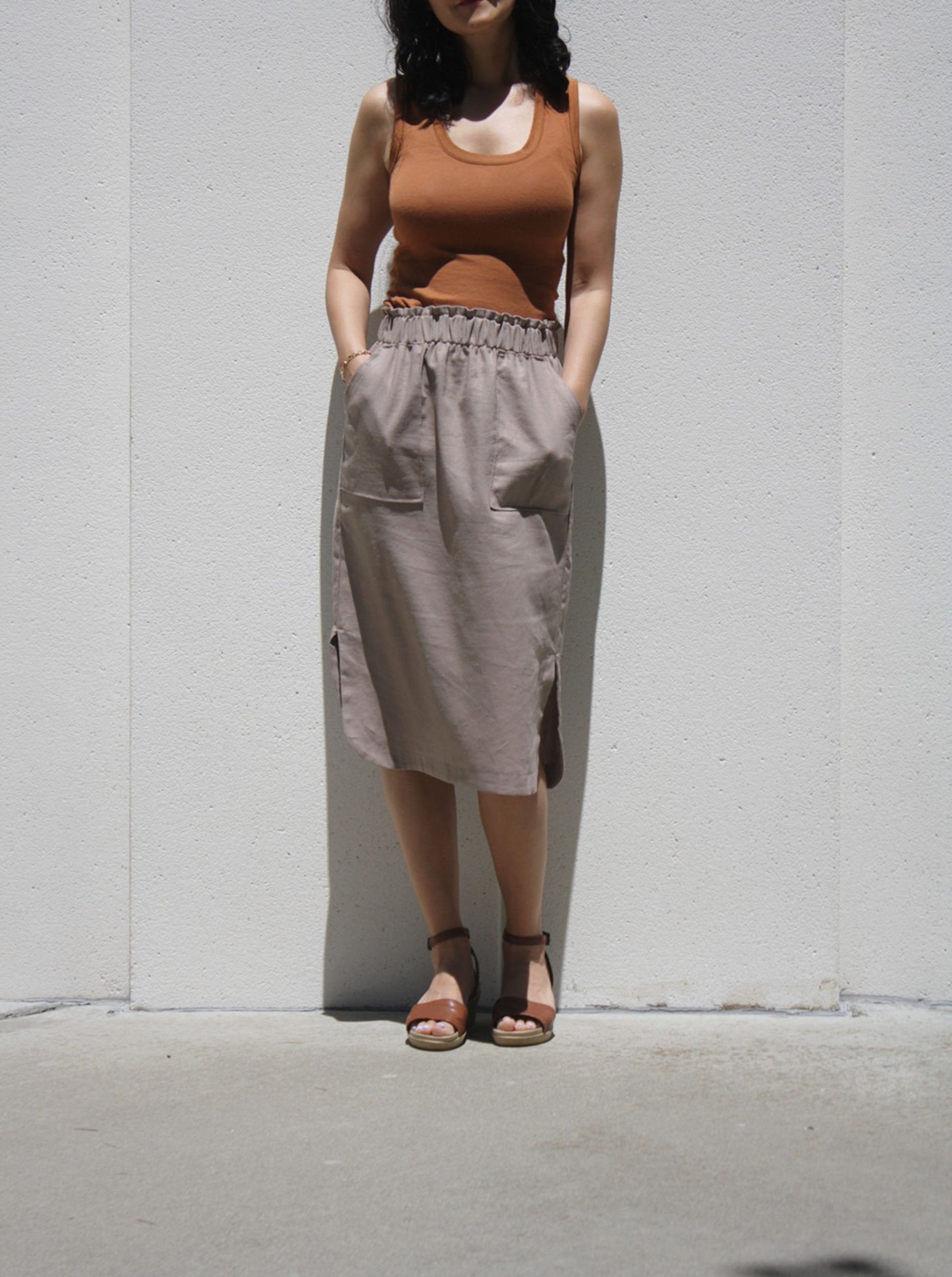 Tanned Linen Tulip Skirt With Pocket/Paper Bag Waist Summer Gathered Side Slit Relaxed Fit /Curved Hem