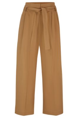 Tapered-fit wide-leg trousers with fabric belt- Beige Women's Formal Pants size 12