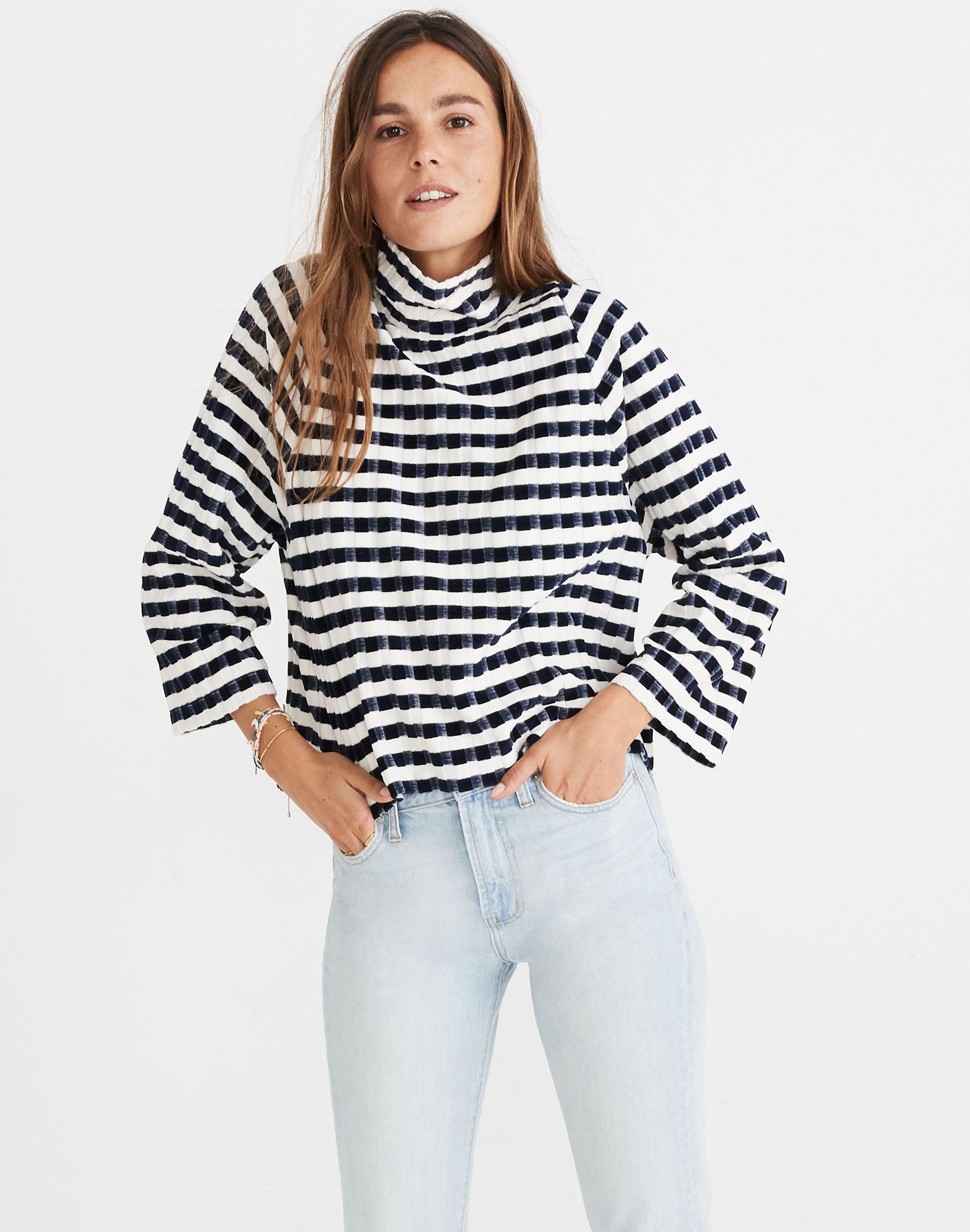 Texture & Thread Long-Sleeve Mockneck Top in Velvet-Stripe