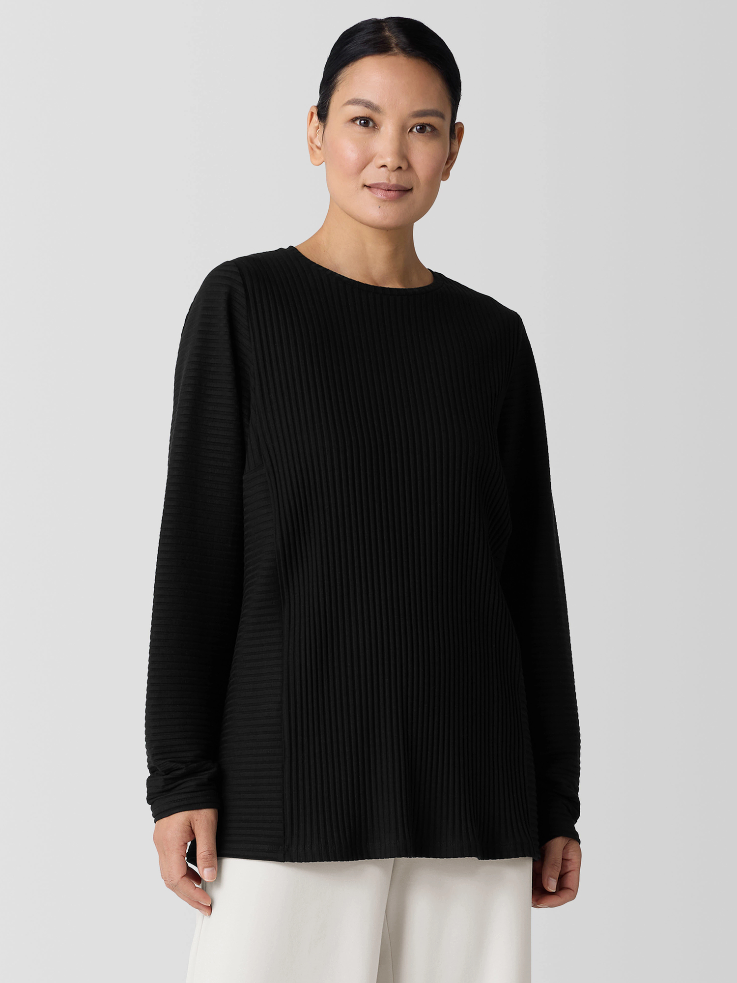 Textured Stretch Rib Round Neck Long-Sleeve Top