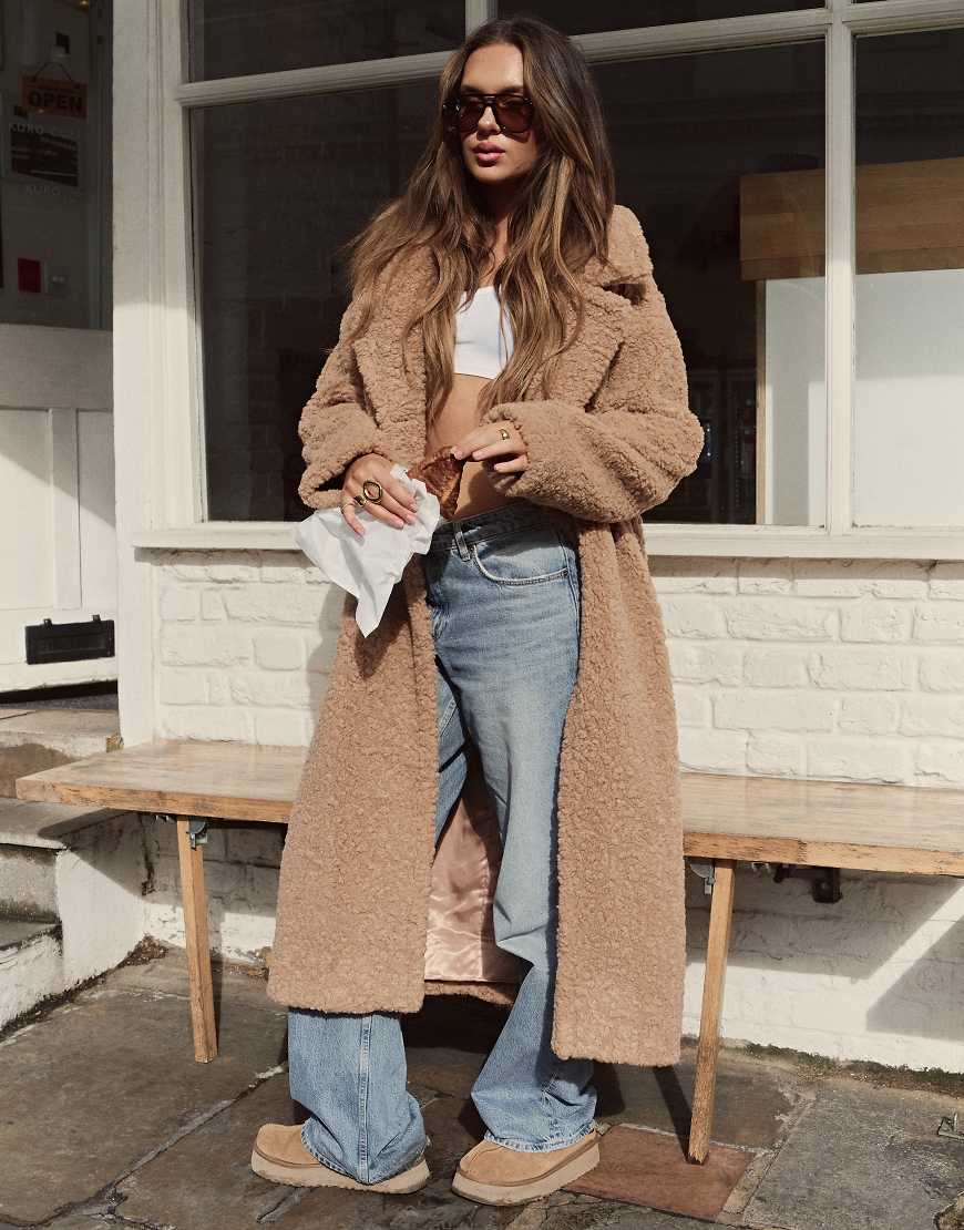 The Frolic x Bella Stovey exclusive maxi oversized teddy borg coat in camel-Neutral