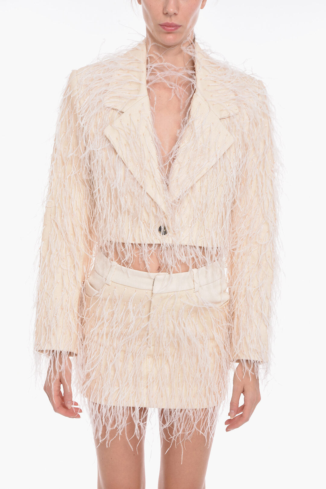 The Mannei Double-Breasted Monica Cropped Blazer With Feather-Embellish 38 Italian Size