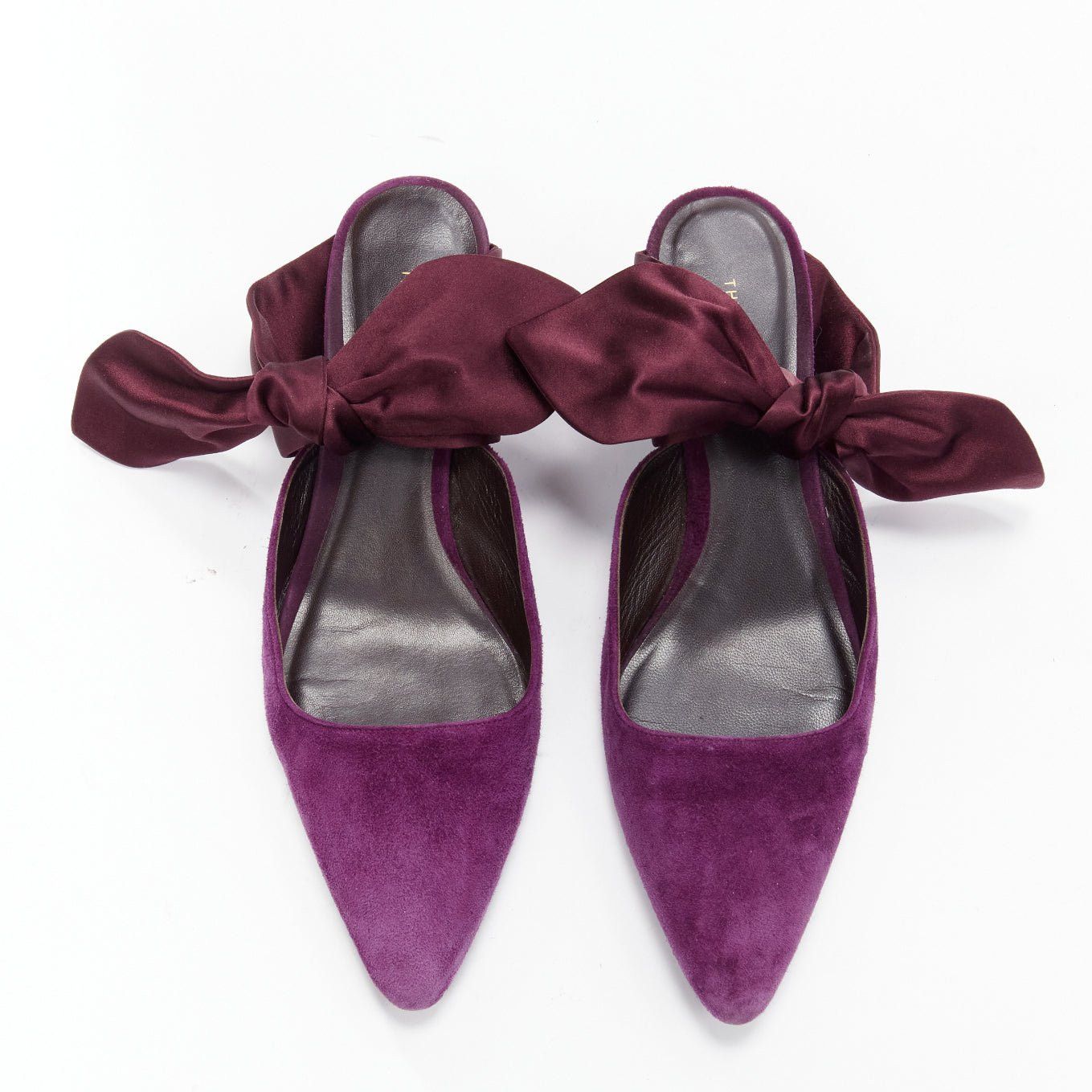 The Row Coco Bow Purple Velvet Silk Tie Kitten Mule Heel Shoes Eu37.5, Women's