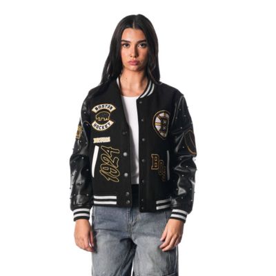 The Wild Collective Women's NHL Full-Snap Varsity Jacket, Black, Small