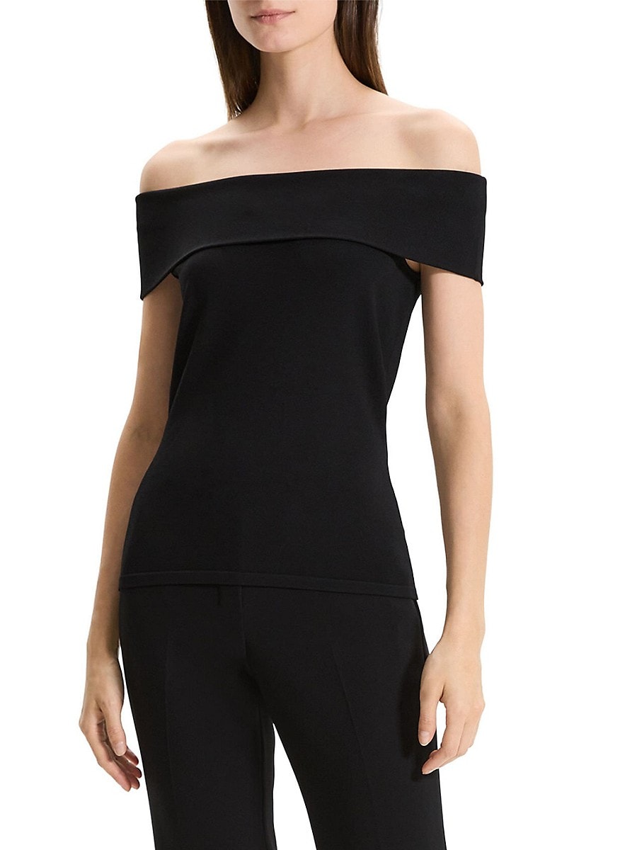 Theory Women's Compact Crepe Off-The-Shoulder Top - Black - Size L