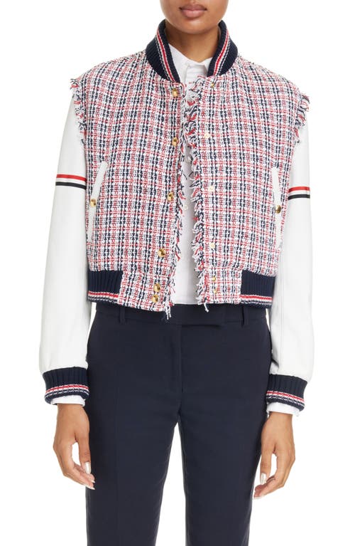 Thom Browne Check Tweed & Leather Varsity Jacket in Red White Blue at Nordstrom, Size 10 Us