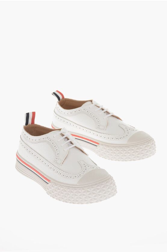 Thom Browne Derby-Like Hammered Leather Sneakers With Brogues Details in White, Women's (Size 7.5)