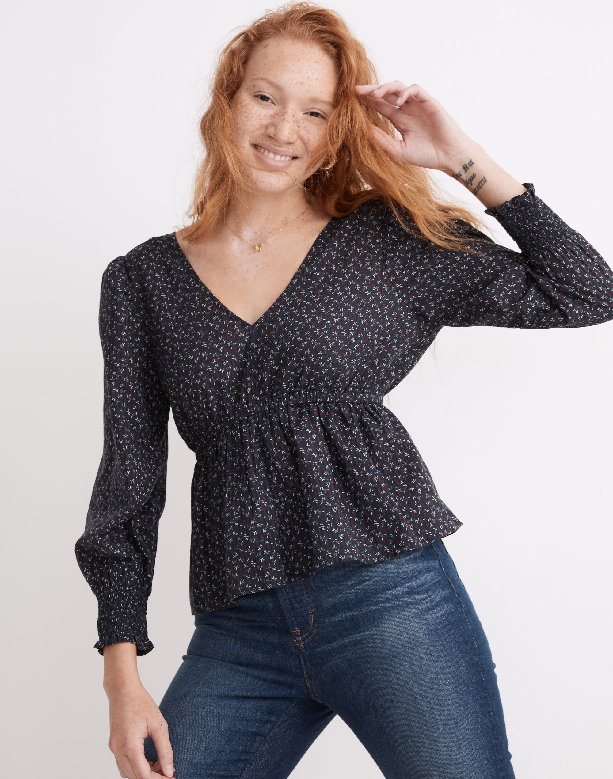 Tie-Back Peplum Top in Campden Daisies