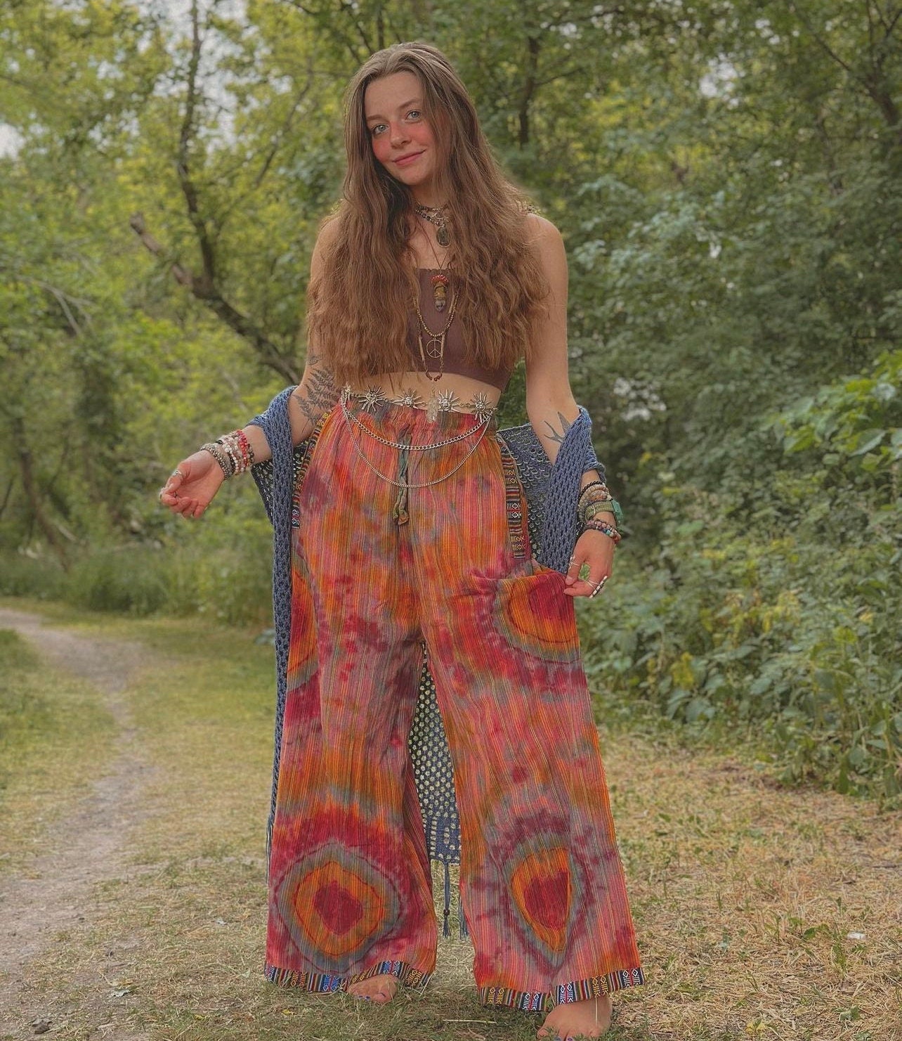 Tie-Dye Festival Palazzo Pants, Boho Hippie Comfy Pants, Hippi Bell Bottoms, Summer Cotton Wide-Leg Psychedelic Fashion, Yoga Pants