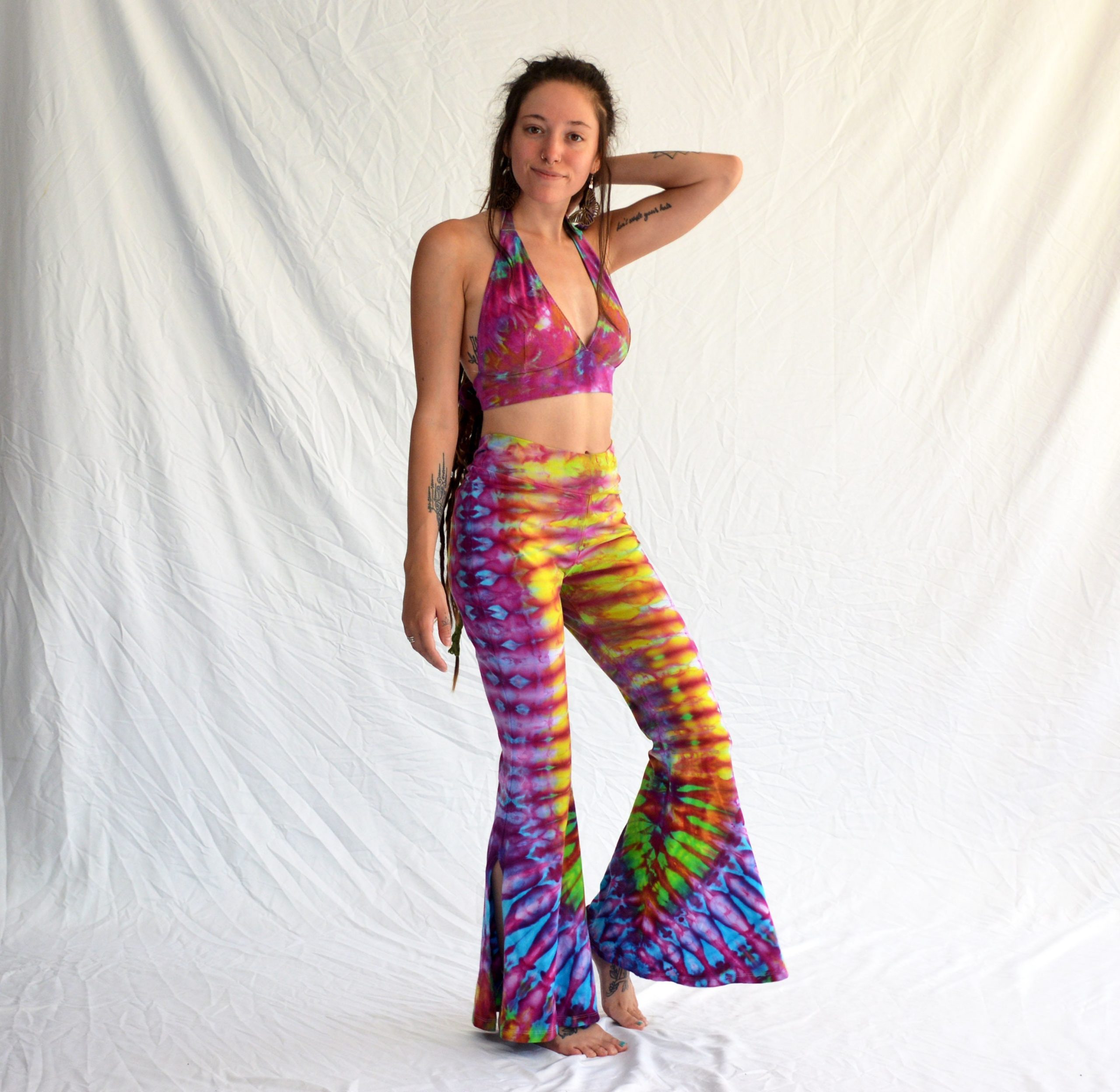 Tie Dye Festival Set Bellbottom | Handmade Crop Halter + Bell Bottom Pants Top W Matching Cotton Psychedelic Fashion Hippie Chic Fest