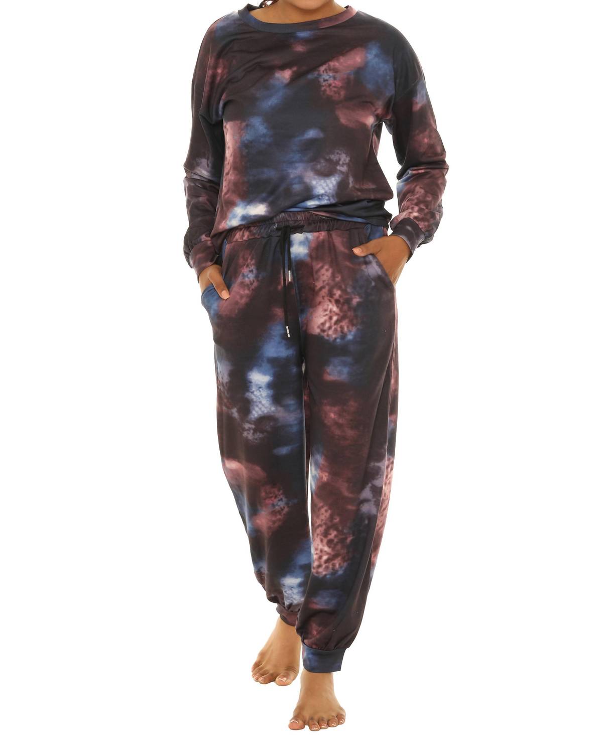 Tie-Dye Long-Sleeve Crewneck Top & Joggers In Black/blue