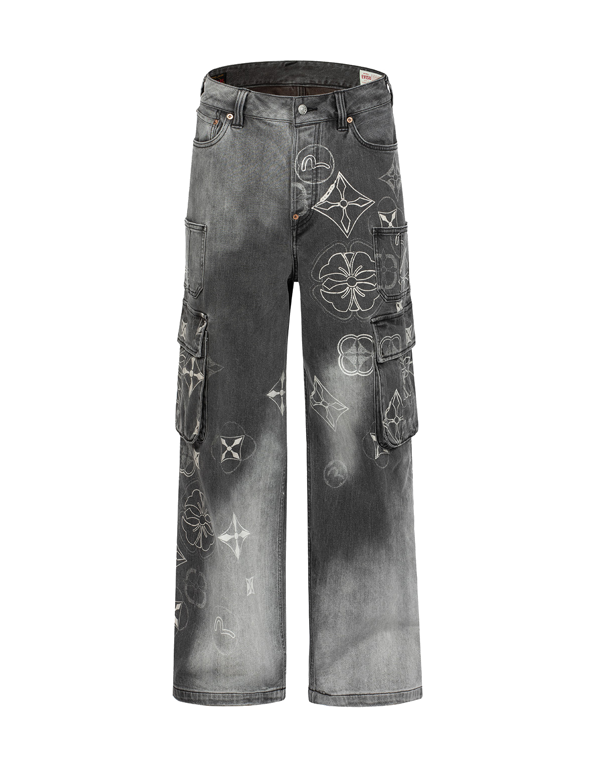 Tie-dye Kamon and Seagull Print Fashion Fit Cargo Jeans