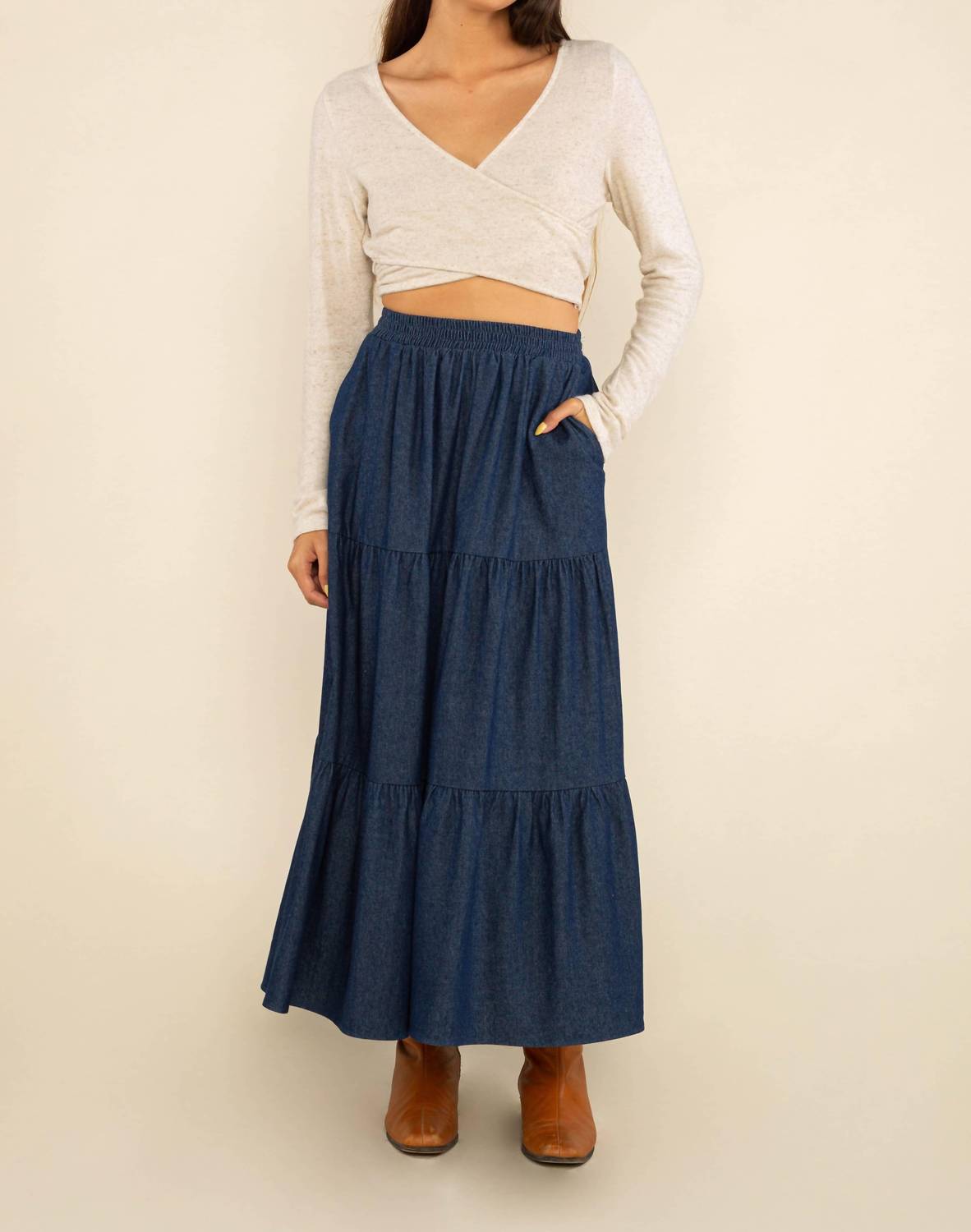 Tiered Cotton Skirt In Dark Wash