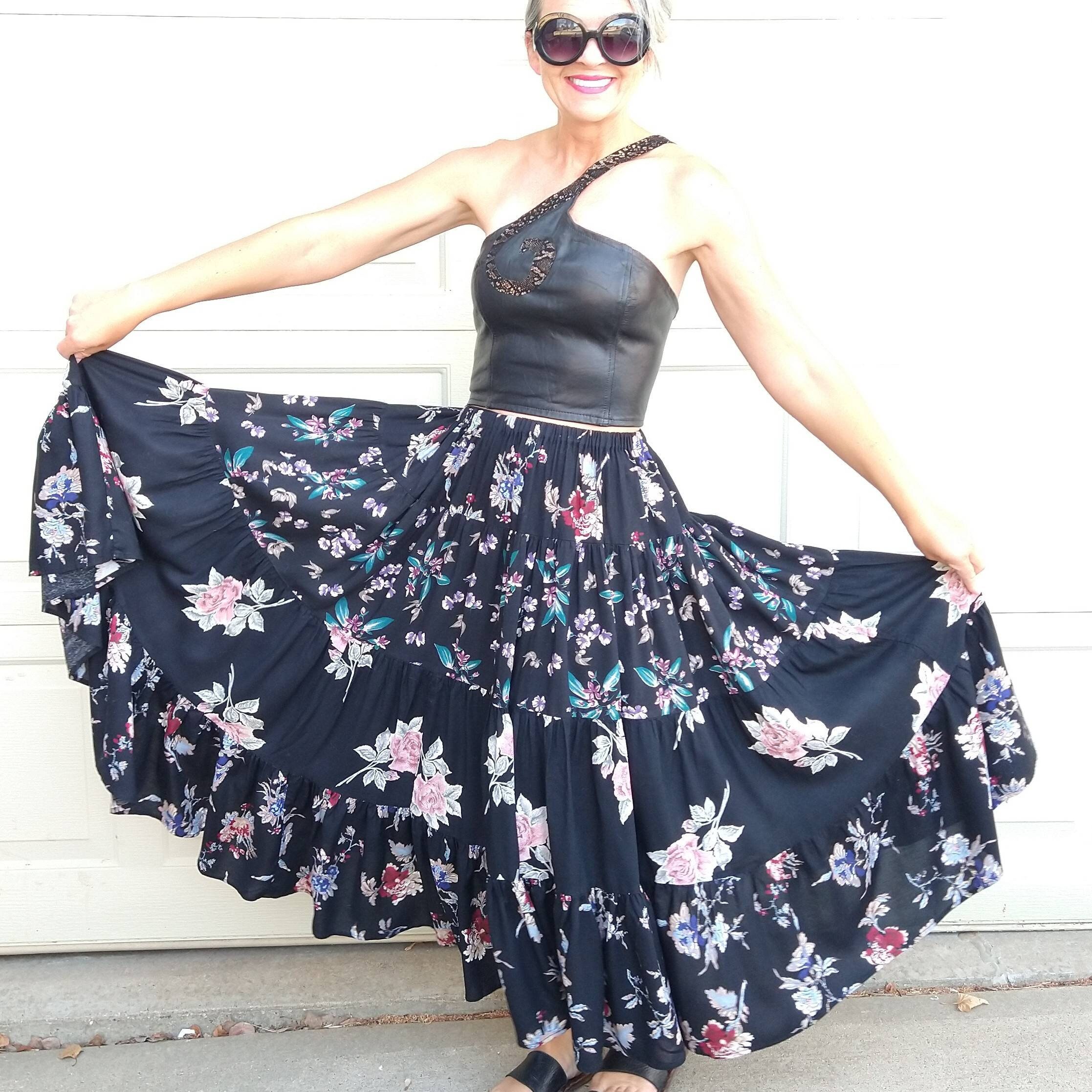 Tiered Maxi Skirt Full Circle 1990's Rayon S Xs | A9