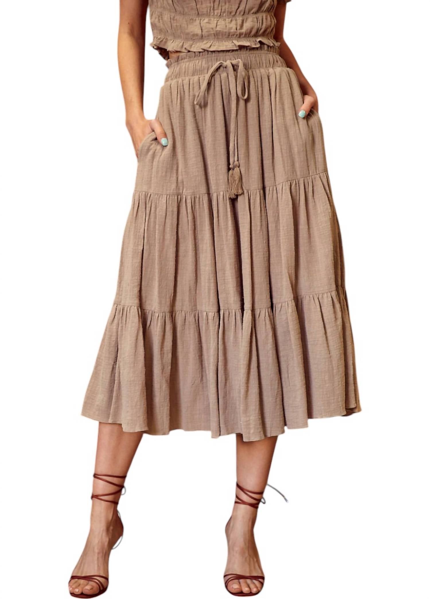 Tiered Midi Skirt In Dark Latte