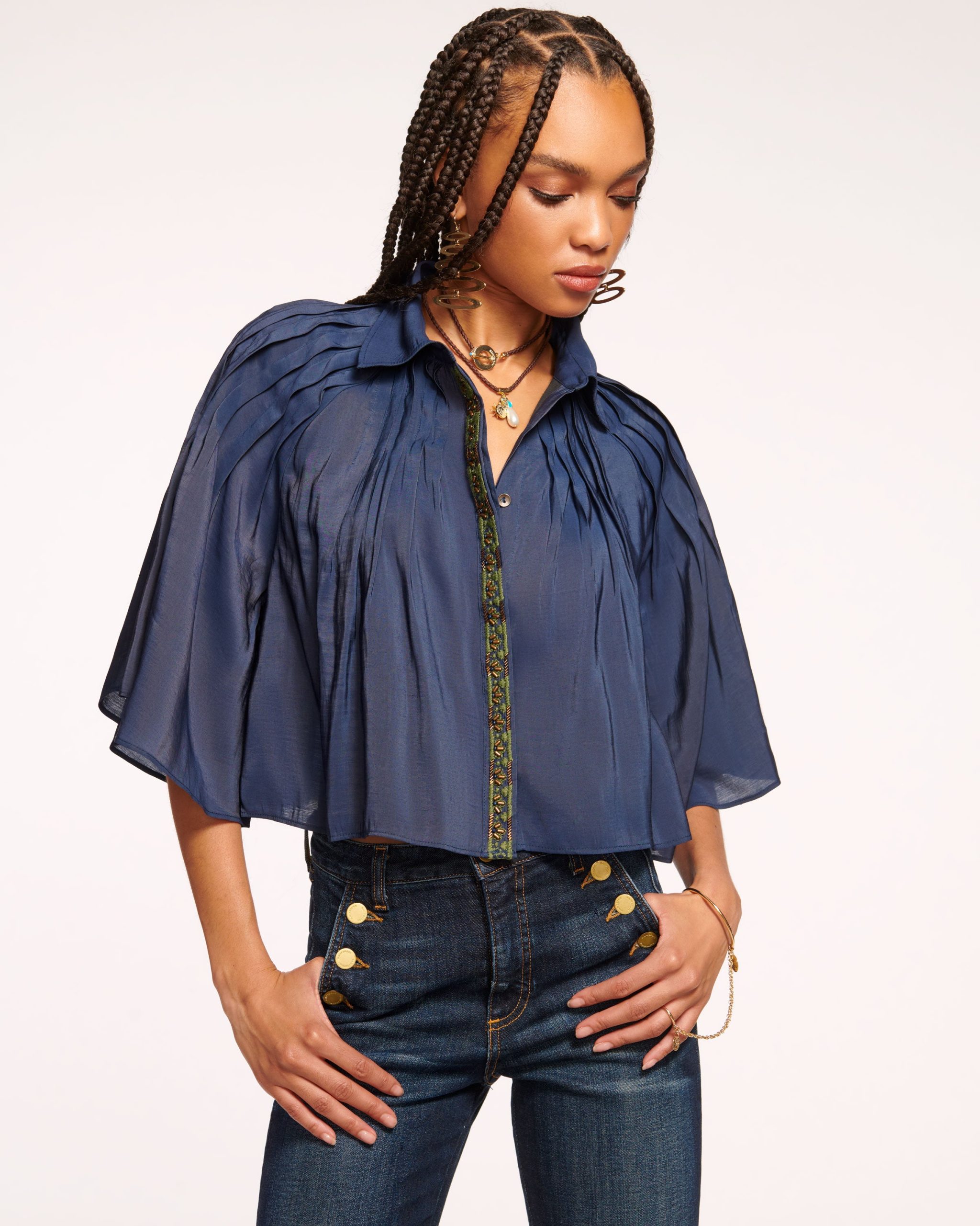 Tillie Loose Embroidered Blouse in Navy