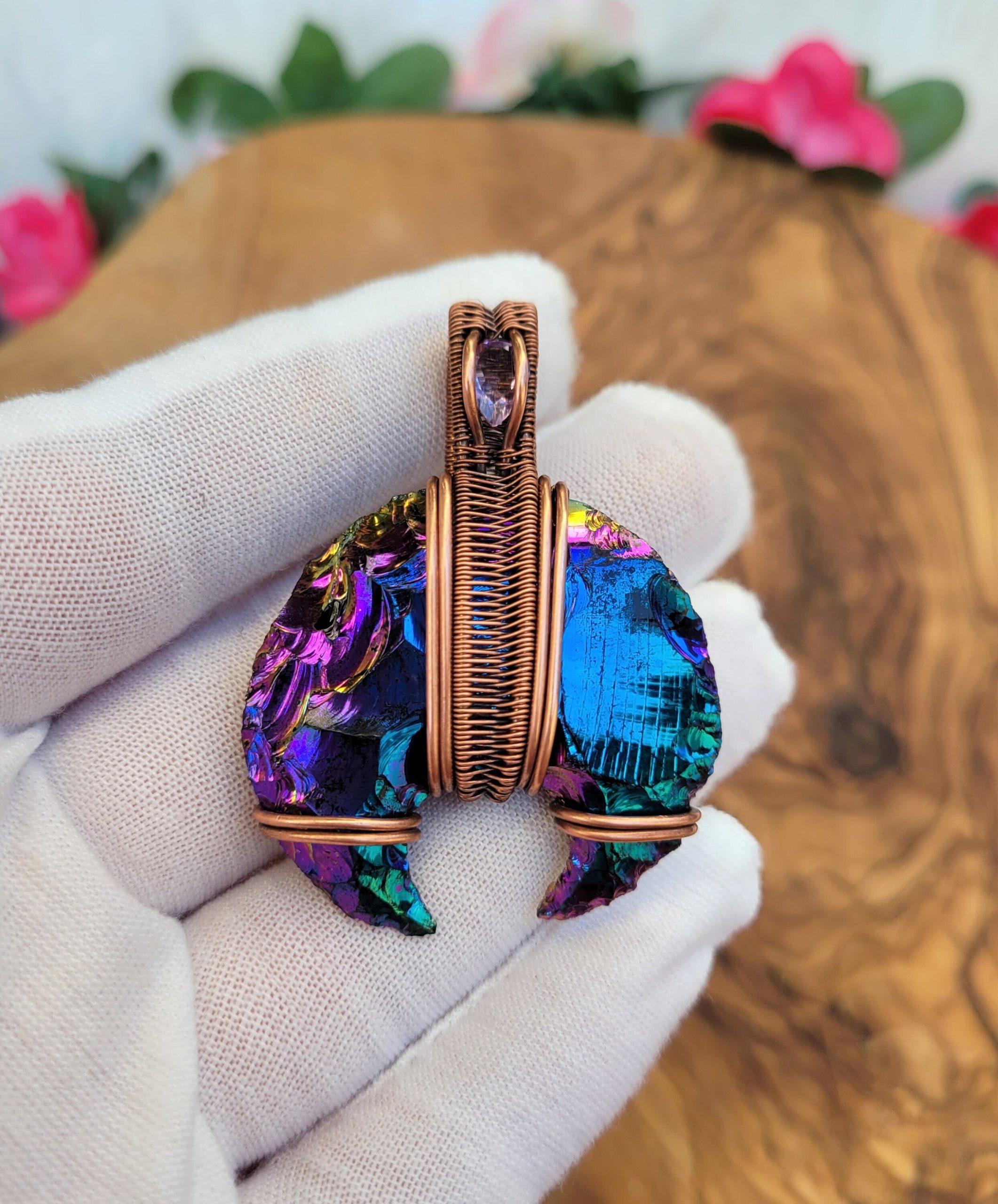 Titanium Coated Aura Moon Pendant, Opalite Crescent & Amethyst Wire Wrapped Pendant