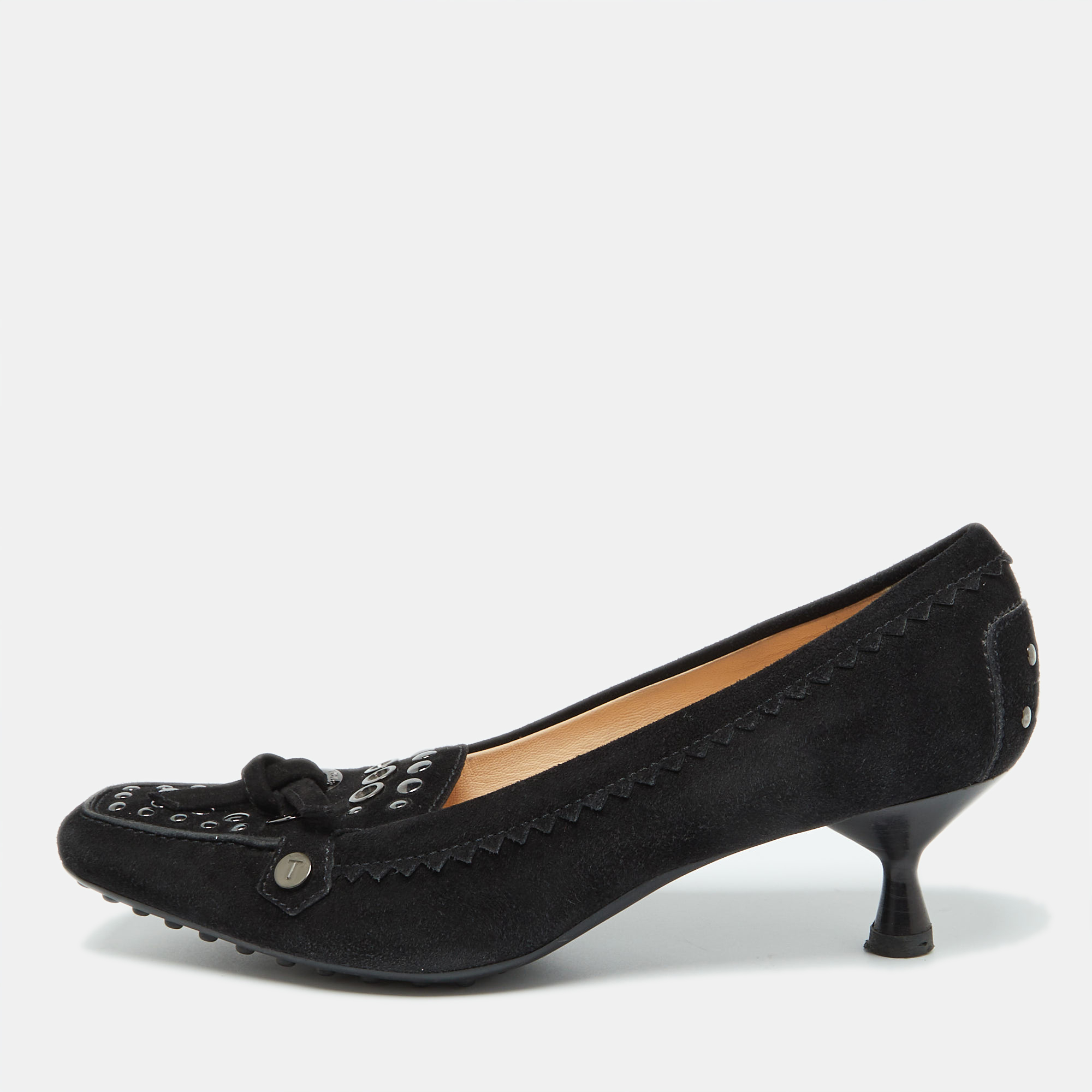 Tod's Black Suede Studded Kitten Heel Loafer Pumps Size 38.5