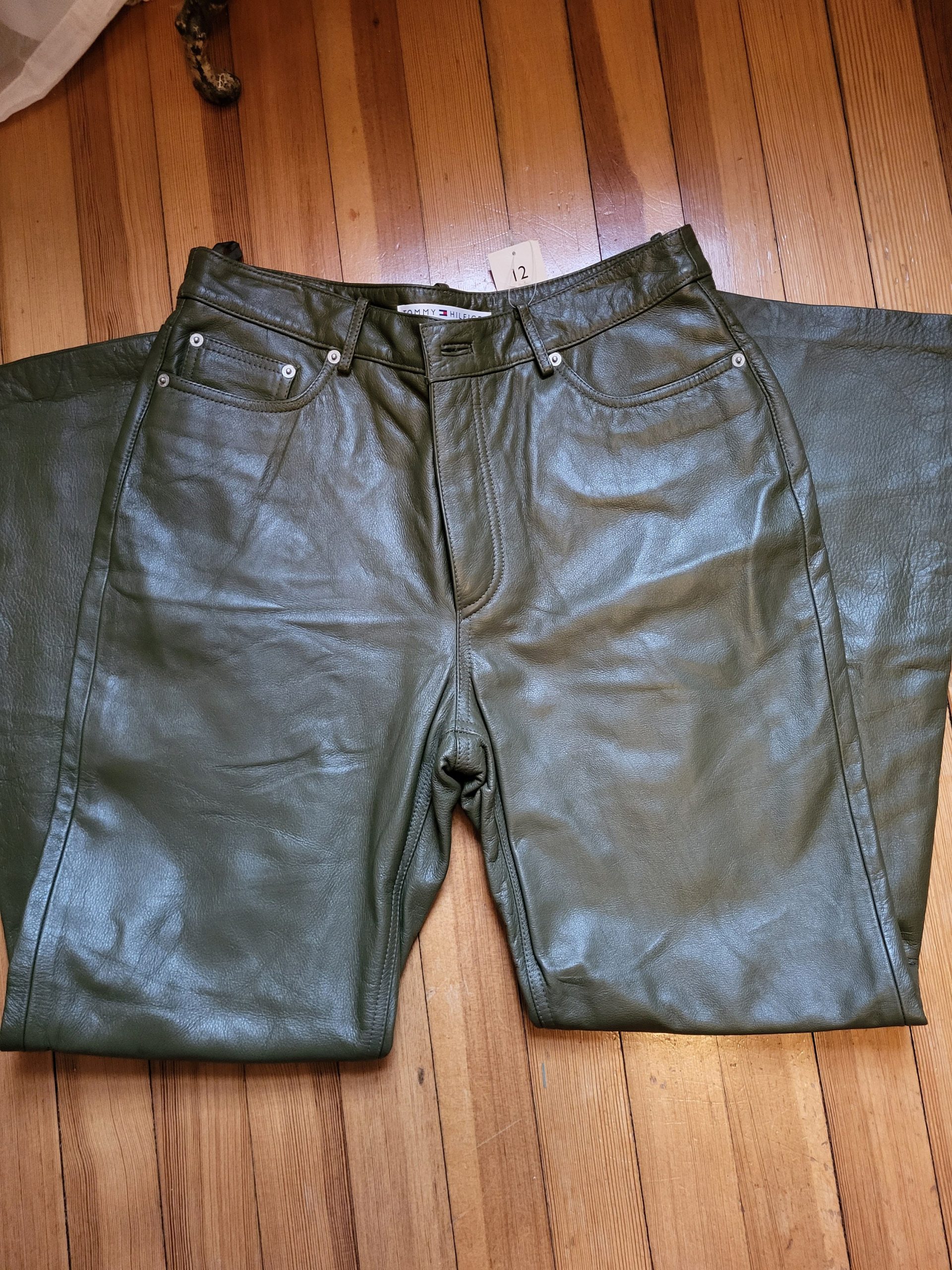 Tommy Hilfiger Dark Sage Green Ladies Leather Pants Size 12 New Old Stock