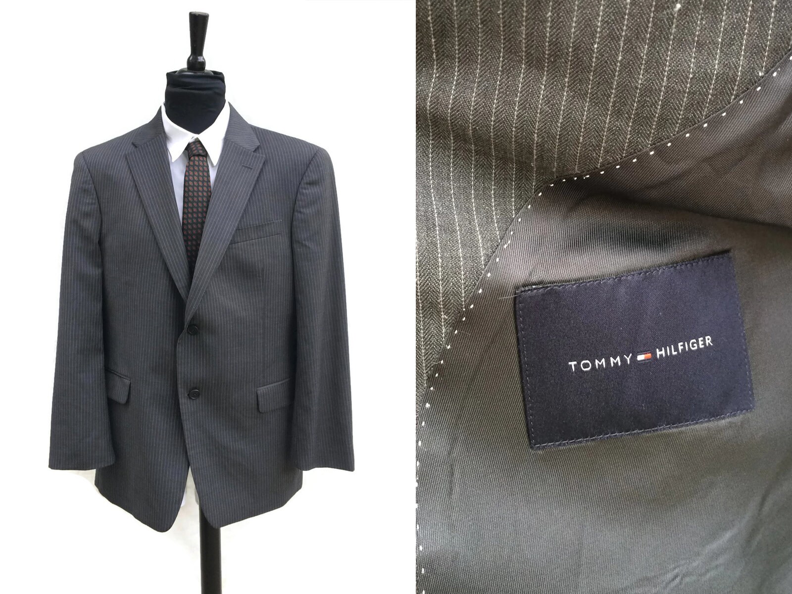 Tommy Hilfiger Grey Pinstripe Wool Blazer | Striped Formal Suit Jacket