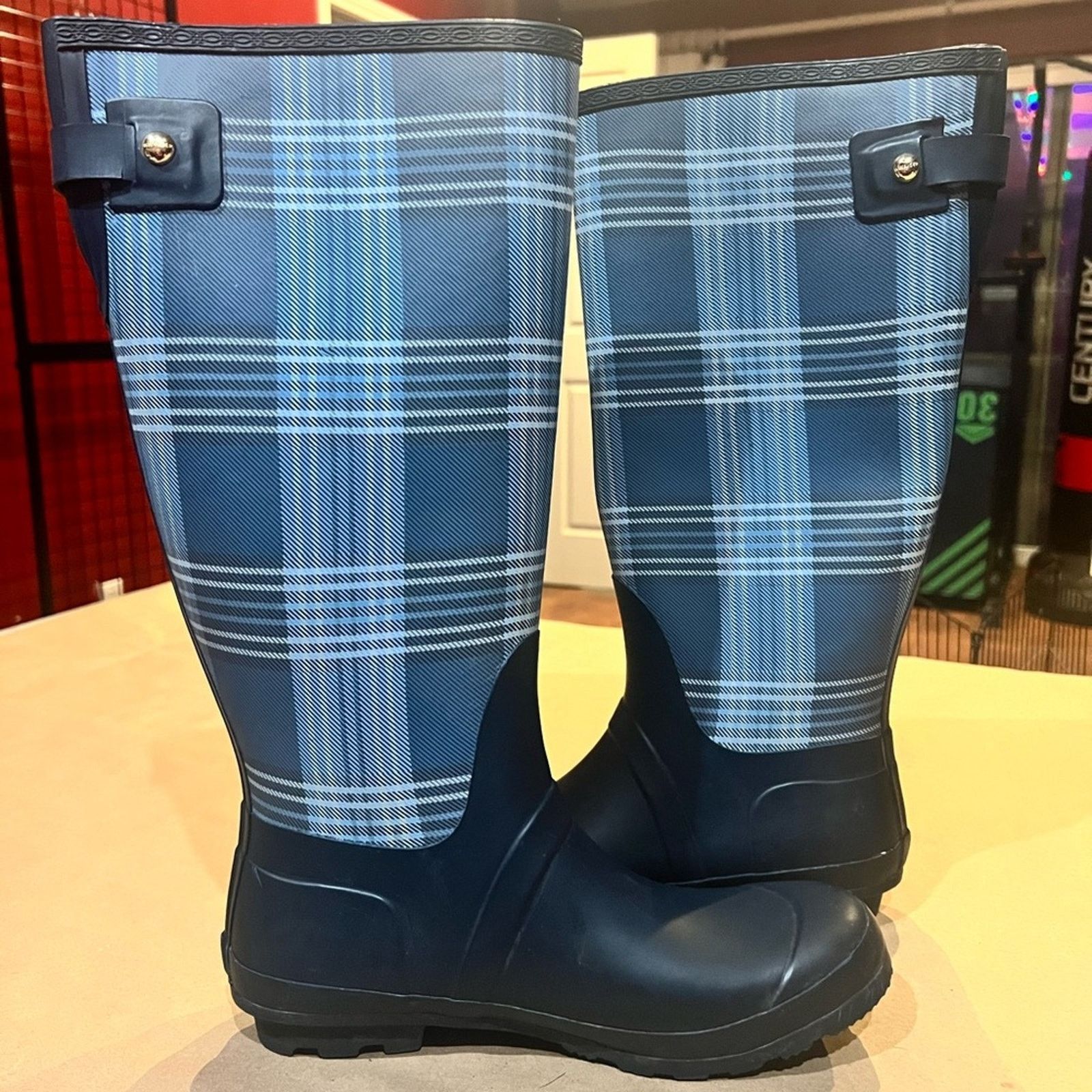 Tommy Hilfiger Malya2 Knee-High Rain Boots Plaid Blue Size 10, Women's