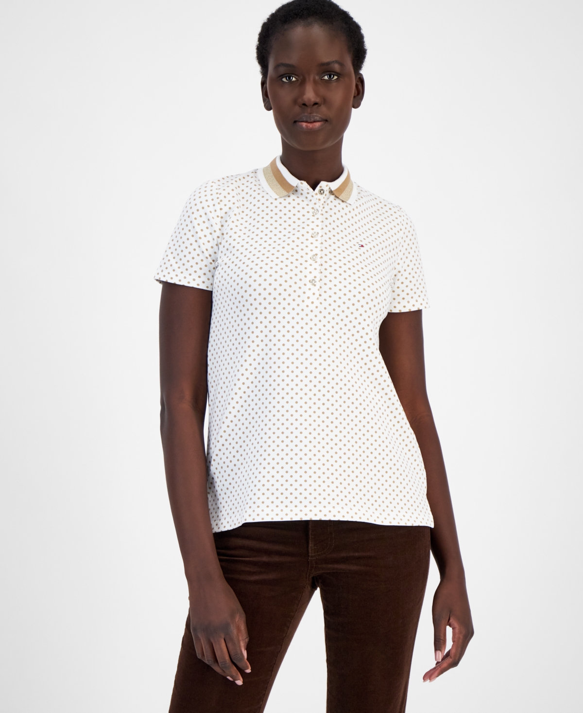 Tommy Hilfiger Women's Dot-Print Glitter-Collar Polo Shirt - Brght Wht