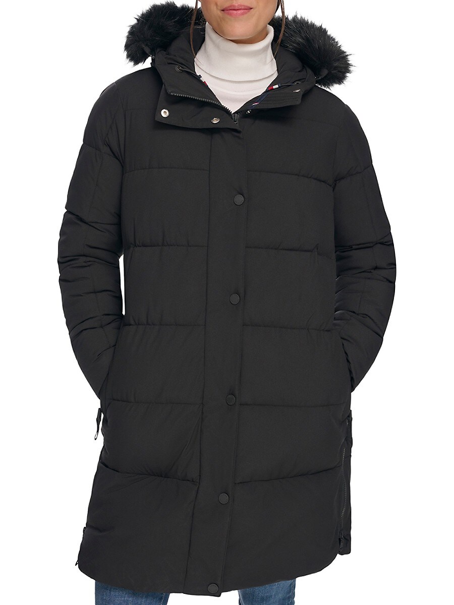 Tommy Hilfiger Women's Faux Fur Hood Puffer Coat - Black - Size XL