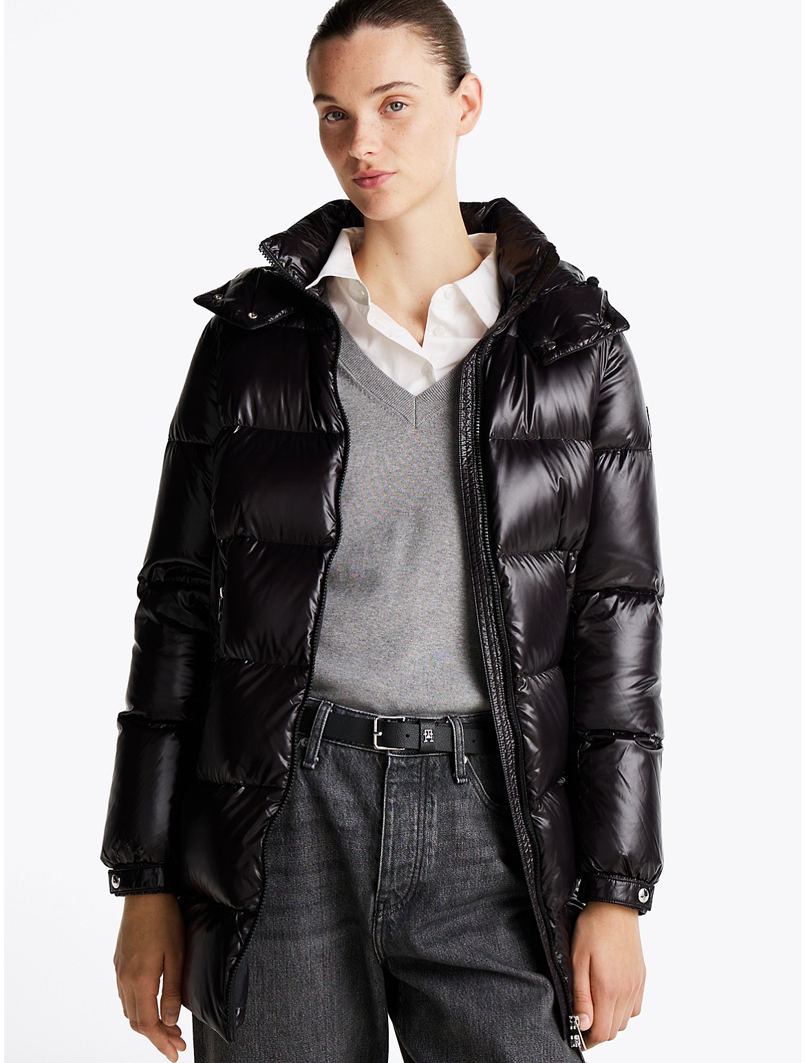 Tommy Hilfiger Women's Hooded Gloss Down Puffer Coat - Black - L