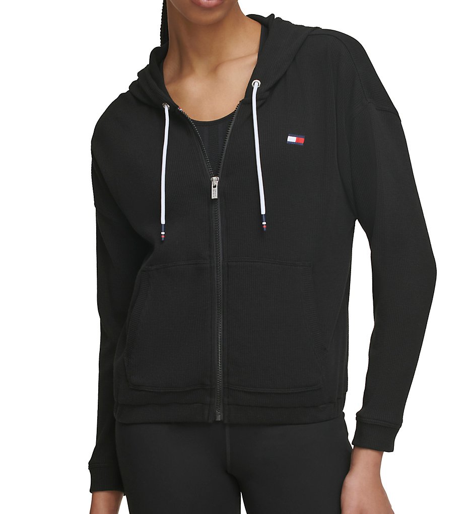 Tommy Hilfiger Women's Long Sleeve Waffle Full Zip Hoody in Black | Size Large | HerRoom.com