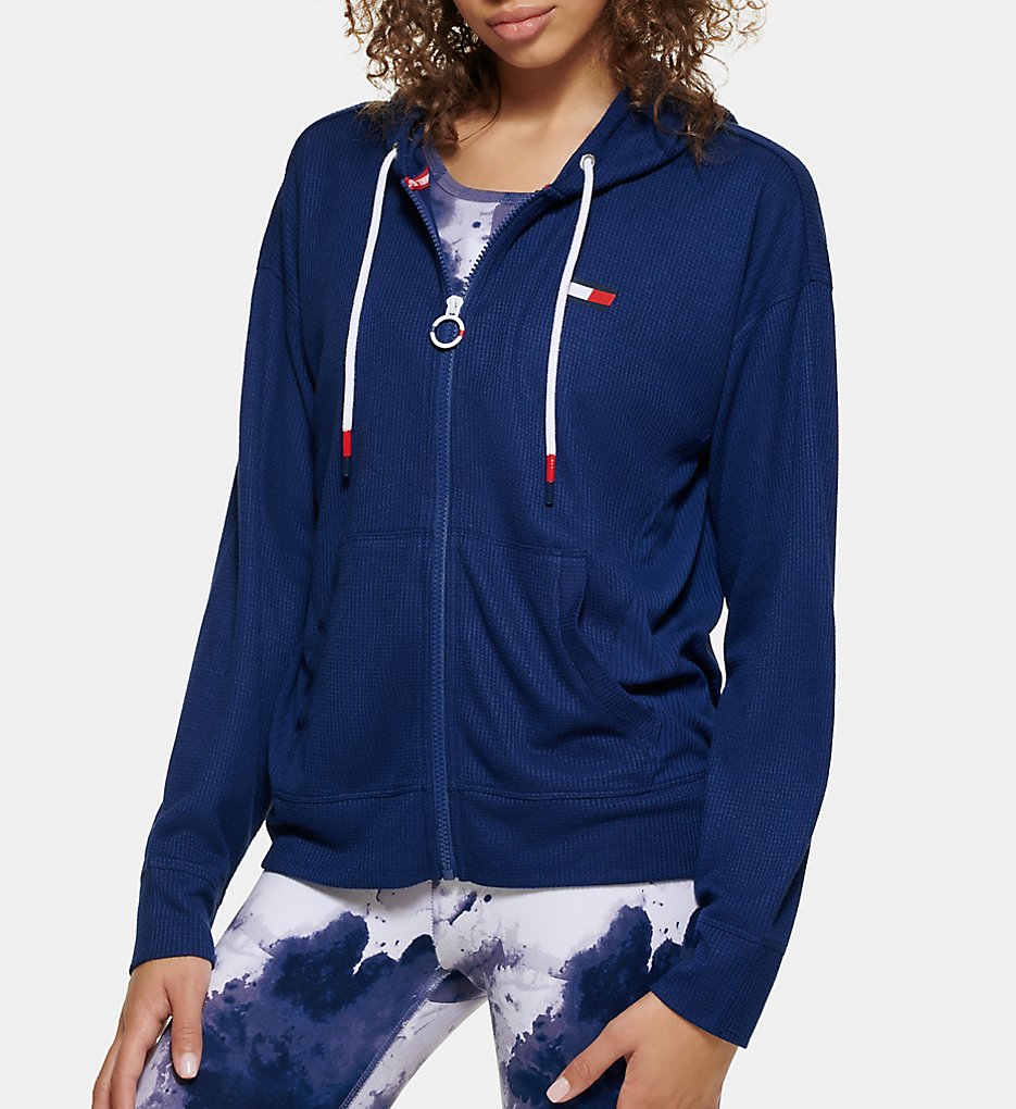 Tommy Hilfiger Women's Long Sleeve Waffle Full Zip Hoody in Deep Blue | Size Large | HerRoom.com