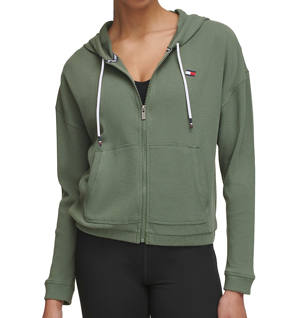 Tommy Hilfiger Women's Long Sleeve Waffle Full Zip Hoody in Green | Size Large | HerRoom.com