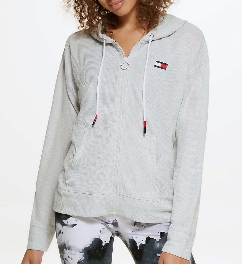 Tommy Hilfiger Women's Long Sleeve Waffle Full Zip Hoody in Grey | Size Medium | HerRoom.com