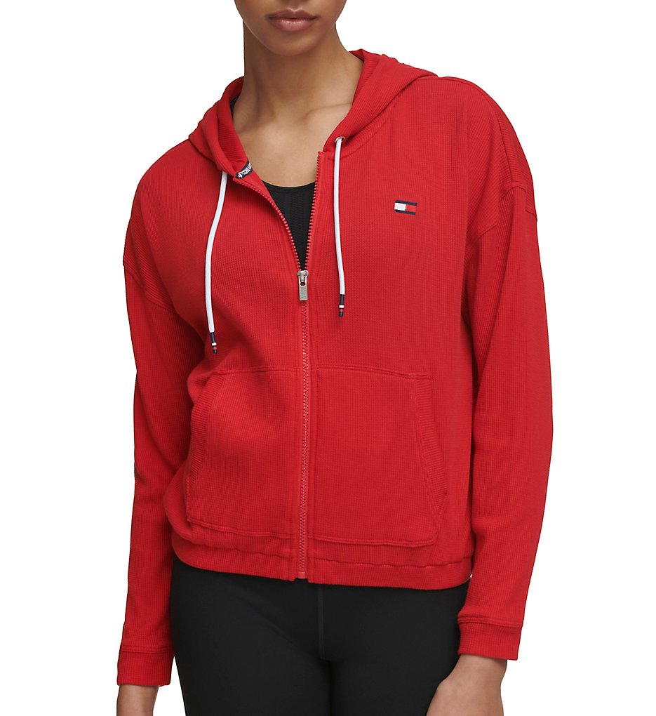 Tommy Hilfiger Women's Long Sleeve Waffle Full Zip Hoody in Rich Red | Size Large | HerRoom.com