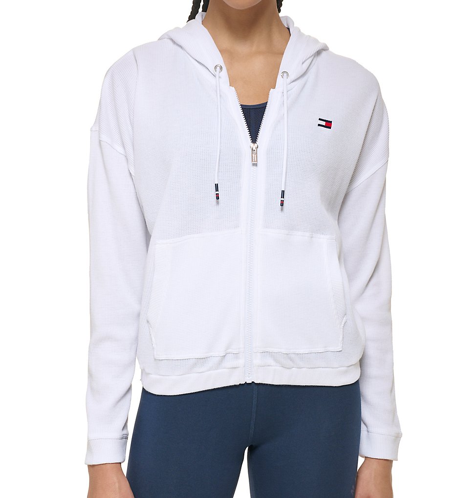 Tommy Hilfiger Women's Long Sleeve Waffle Full Zip Hoody in White | Size 2XL | HerRoom.com