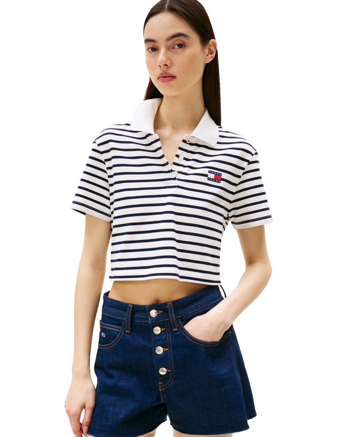 Tommy Jeans Women's Crop Badge Short-Sleeve Polo Top - Ecru / Navy Stripe