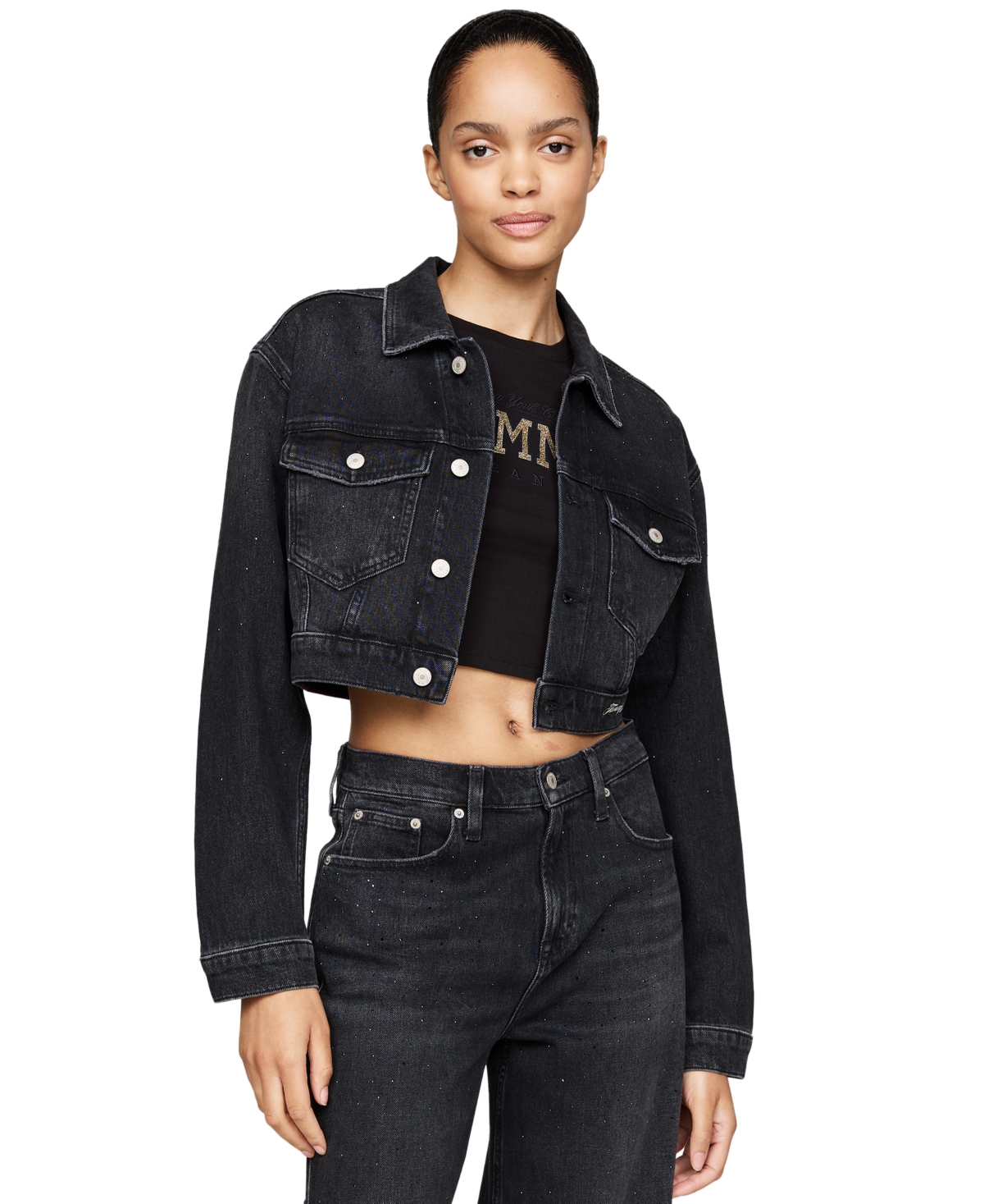 Tommy Jeans Women's Rhinestone Boxy Cropped Denim Jacket - Denim Black