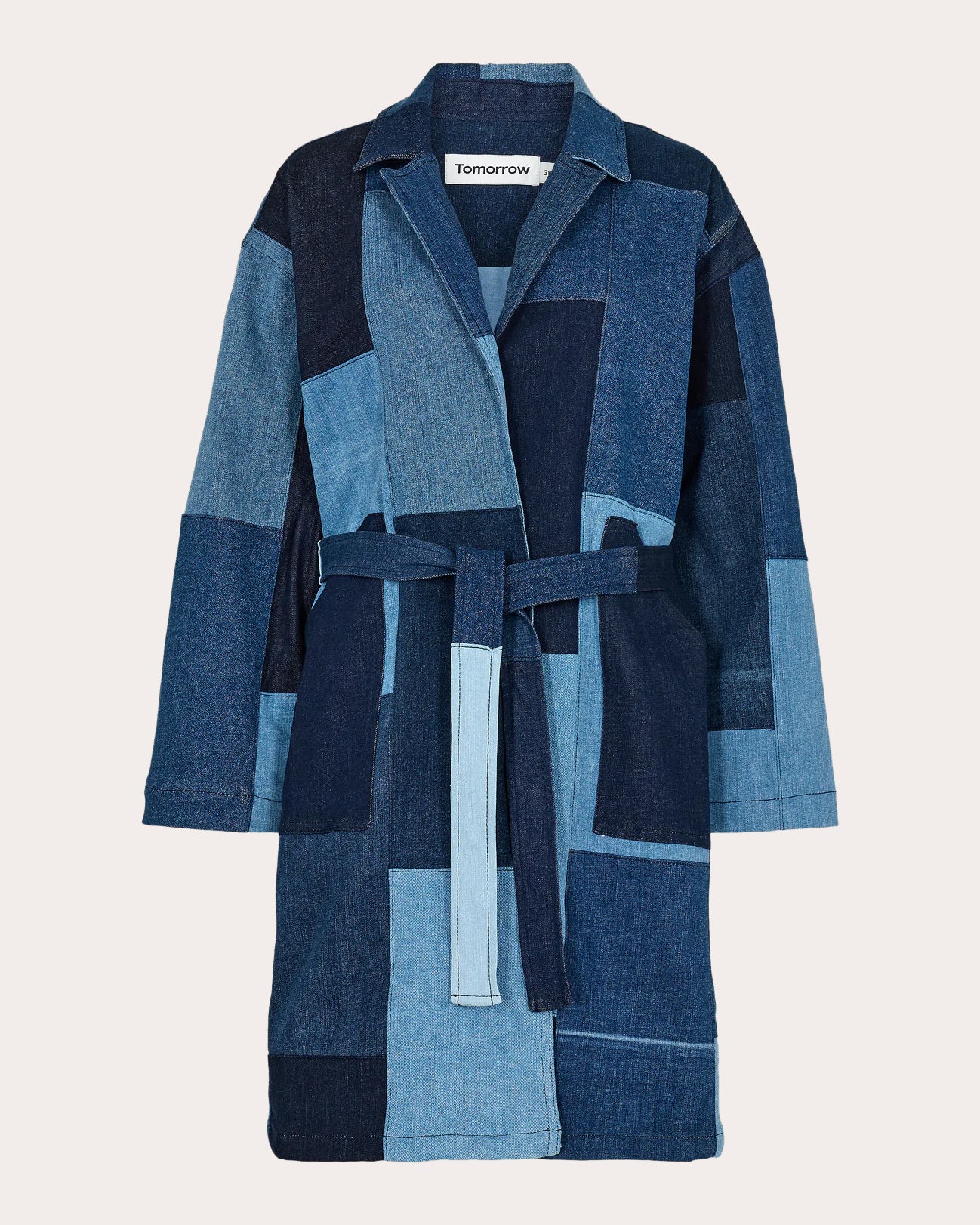 Tomorrow Women's Arizona Patchwork Denim Trench Coat in Denim Blue Cotton/Denim