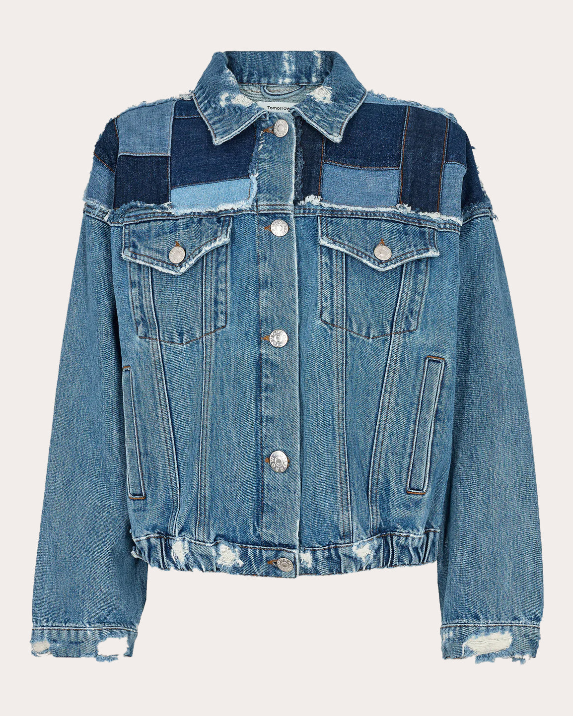 Tomorrow Women's Ewa Patchwork Denim Jacket in Denim Blue Cotton/Denim