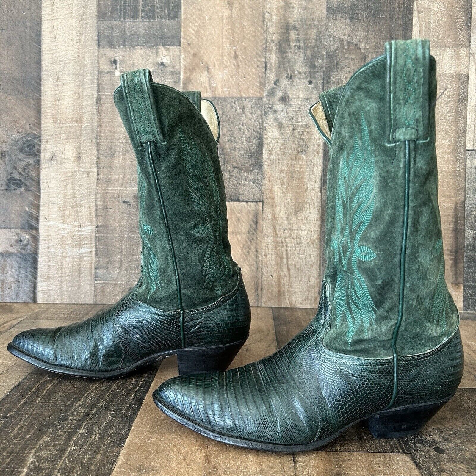 Tony Lama Vintage Green Suede Lizard Cowboy Boots Womens 8 M